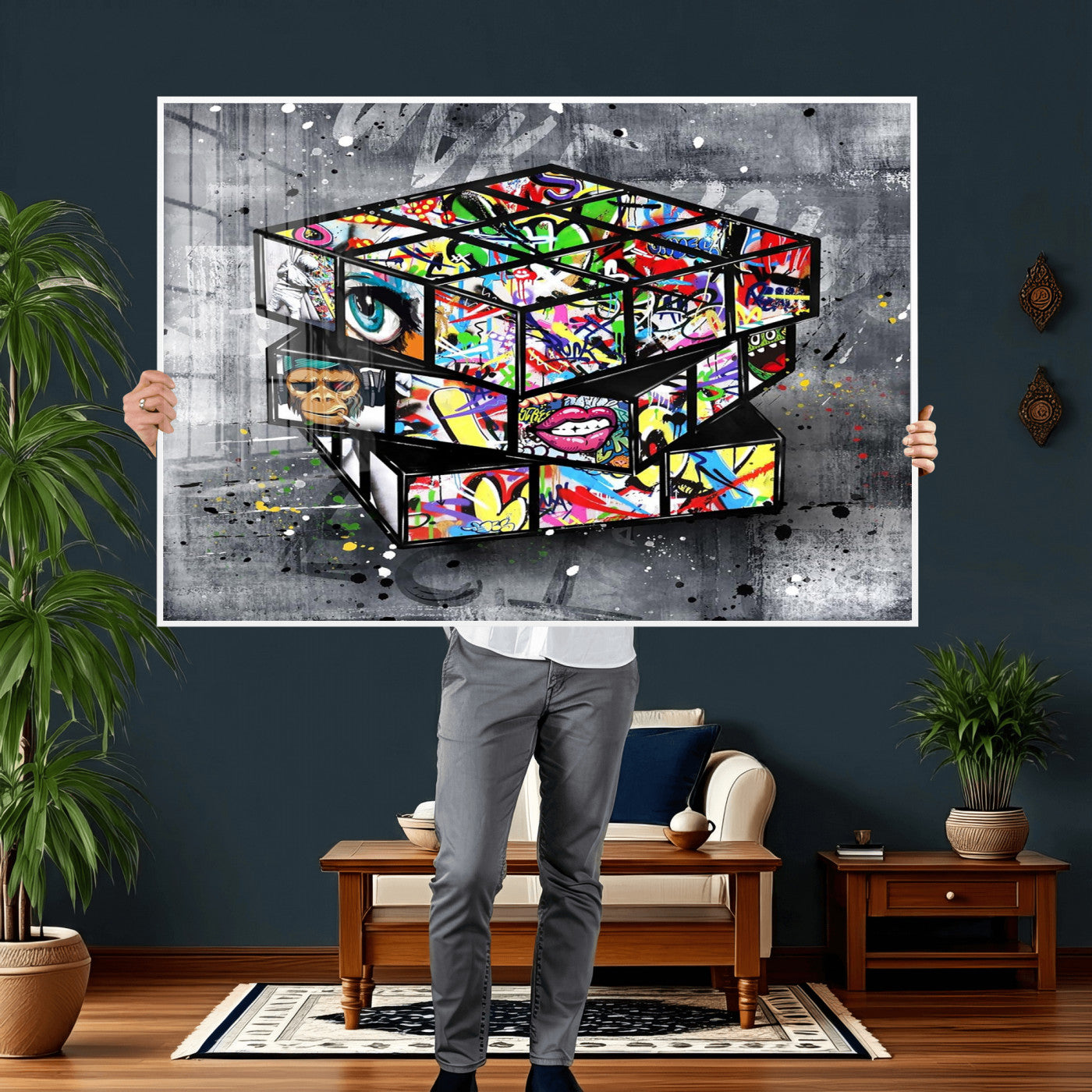 46789556-MGV-CV-36X24 - Graffiti Cube Abstract Street Art Wall Art Canvas Print, Colorful Urban Pop Art Geometric Canvas Print, Modern Street Art Contemporary Art Printing