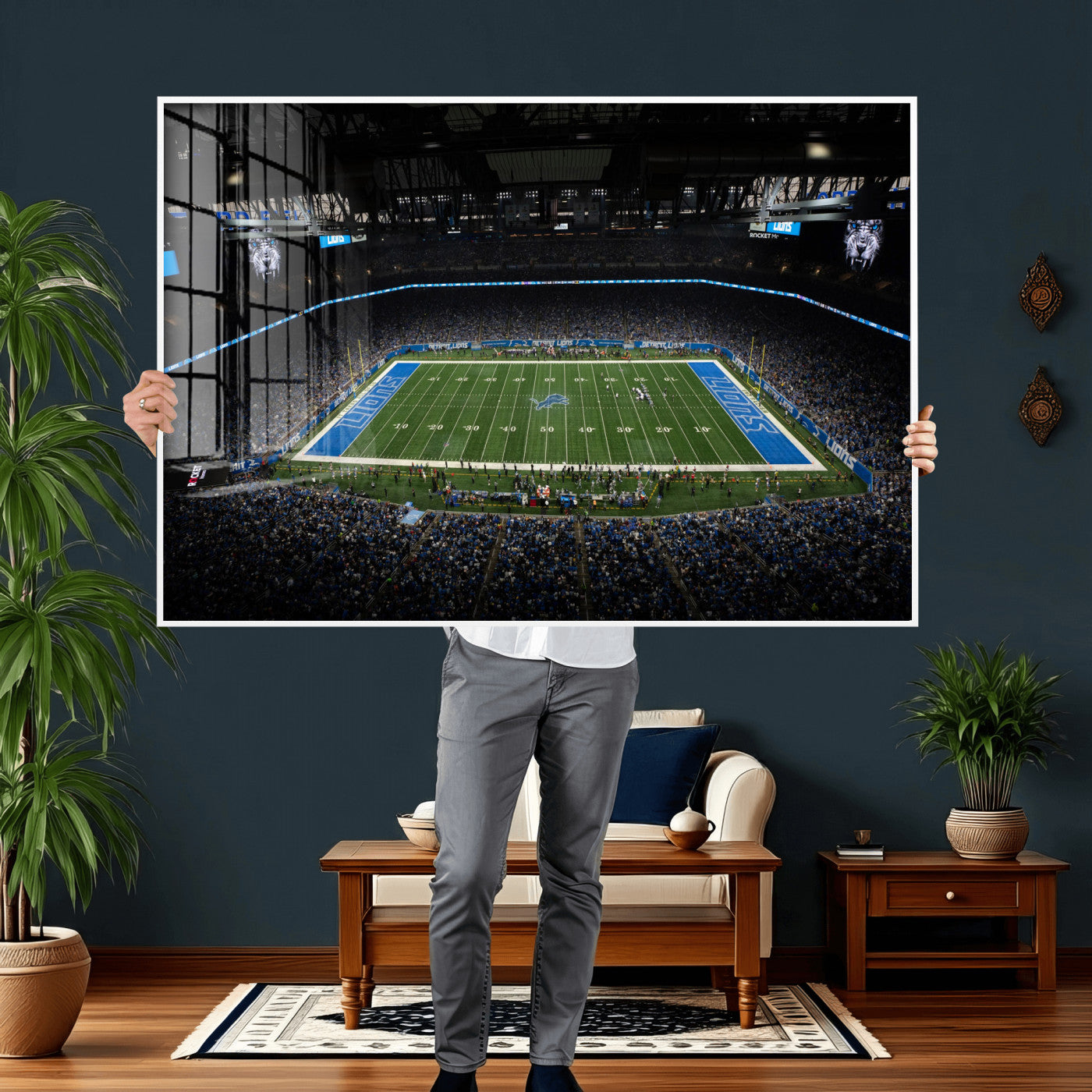 16709602-MGV-CV-36X24 - Detroit Lions Stadium Wall Art Canvas Print, Football Field Panorama Artwork, NFL Game Night Stadium Decor