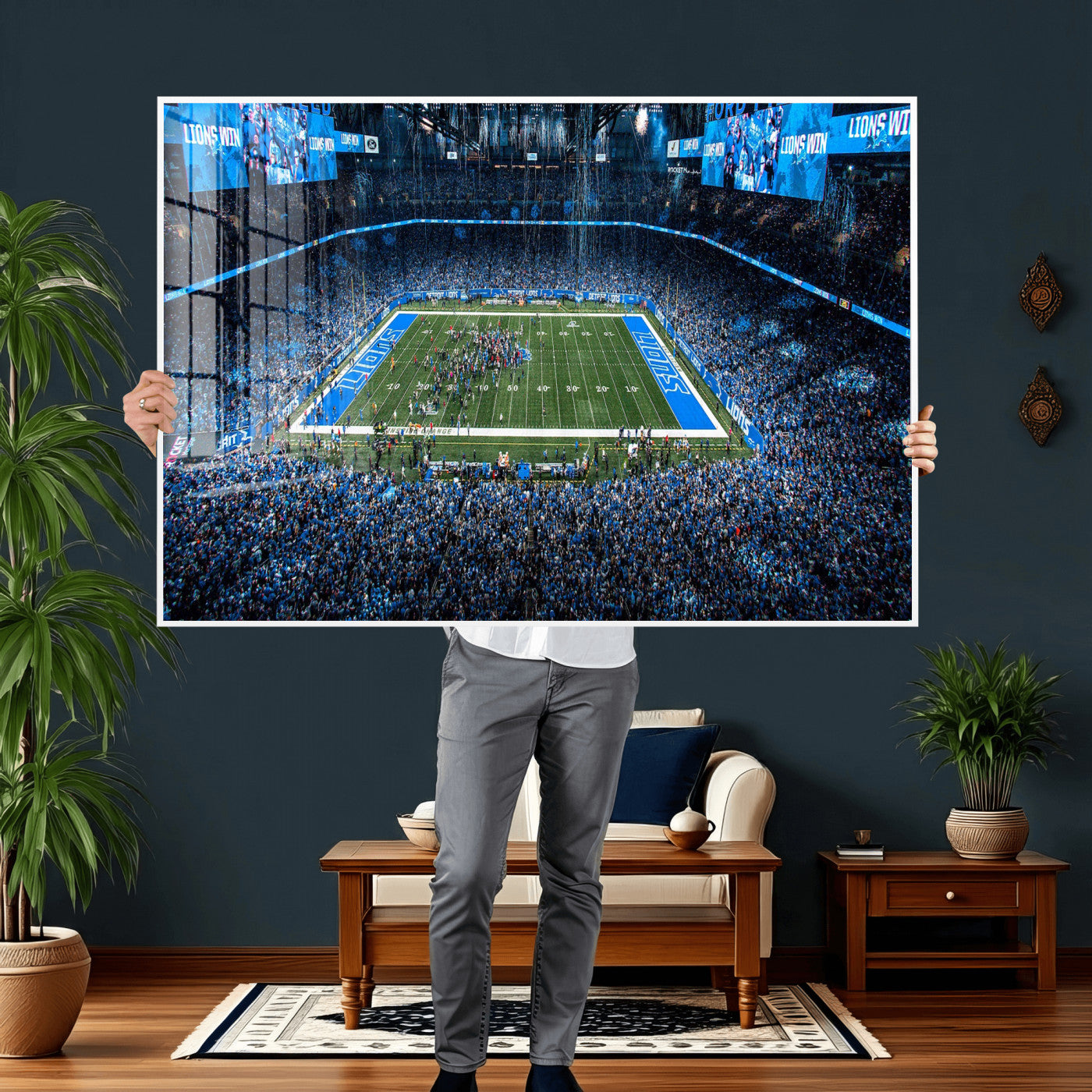 80882005-MGV-CV-36X24 - Detroit Lions Stadium Wall Art Canvas Print, Football Field Panorama Artwork, NFL Game Night Stadium Decor