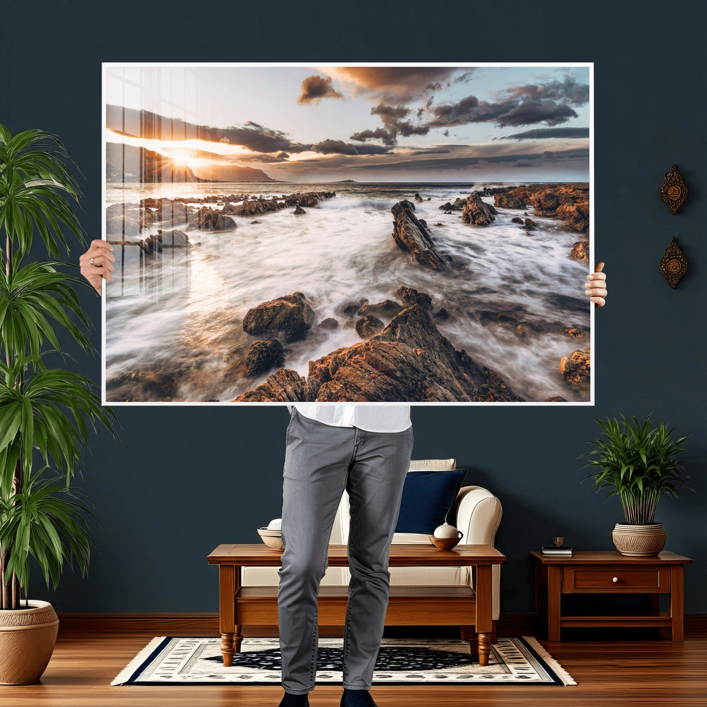 66746024-MGV-CV-36X24 - Rocky Coast Ocean Sunset Wall Art Canvas Print, Dramatic Seascape Nature Wall Decor for Living Room and Office