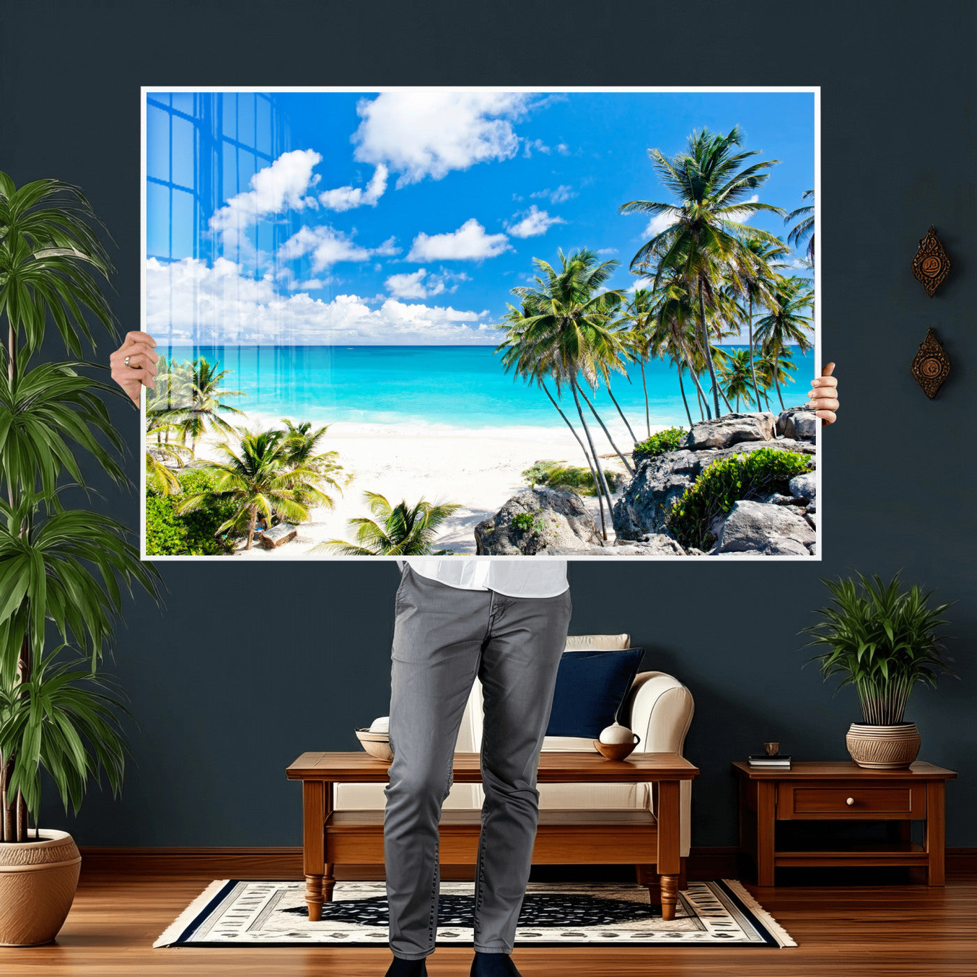 51097197-MGV-CV-36X24 - Tropical Beach Wall Art Canvas Print, Palm Tree Ocean Landscape Photography, Caribbean Coastal Artwork