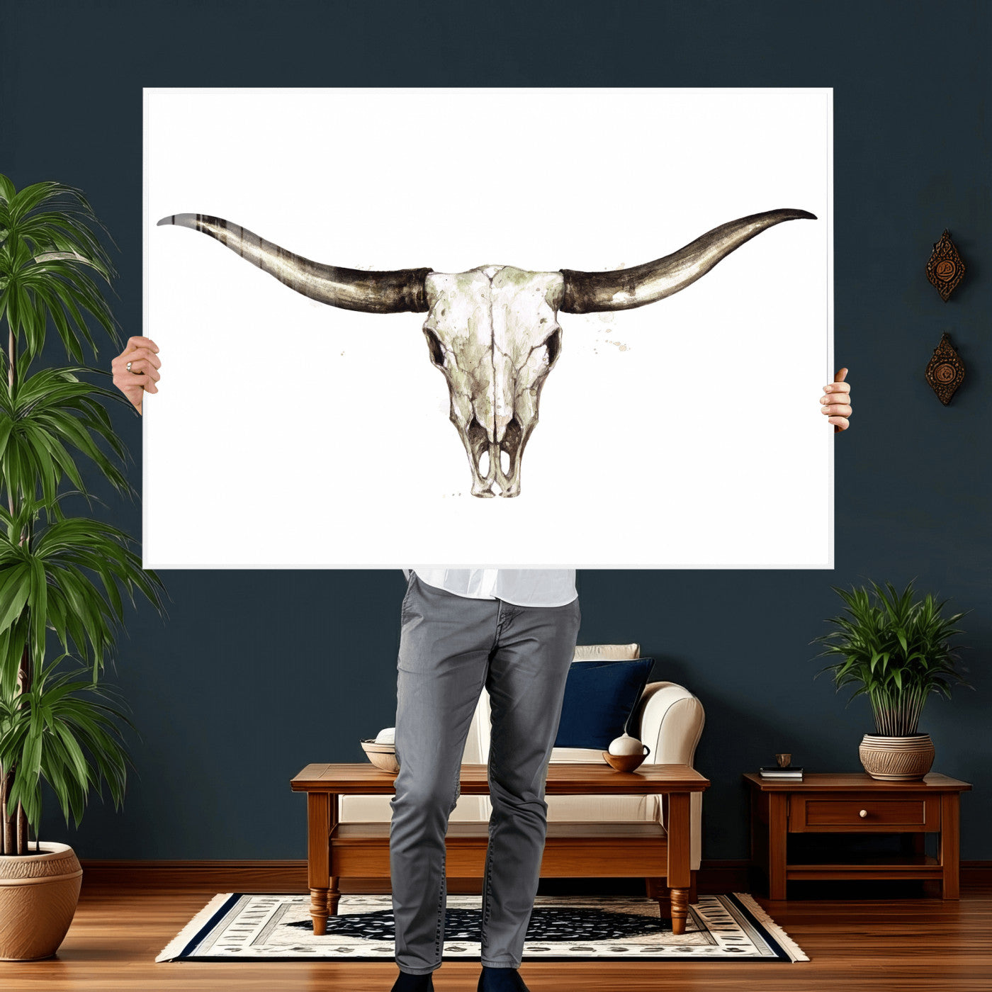 42788678A-MGV-CV-36X24 - Longhorn Skull Wall Art Canvas Print – Rustic Western Artwork Print for Living Room Wall Decor