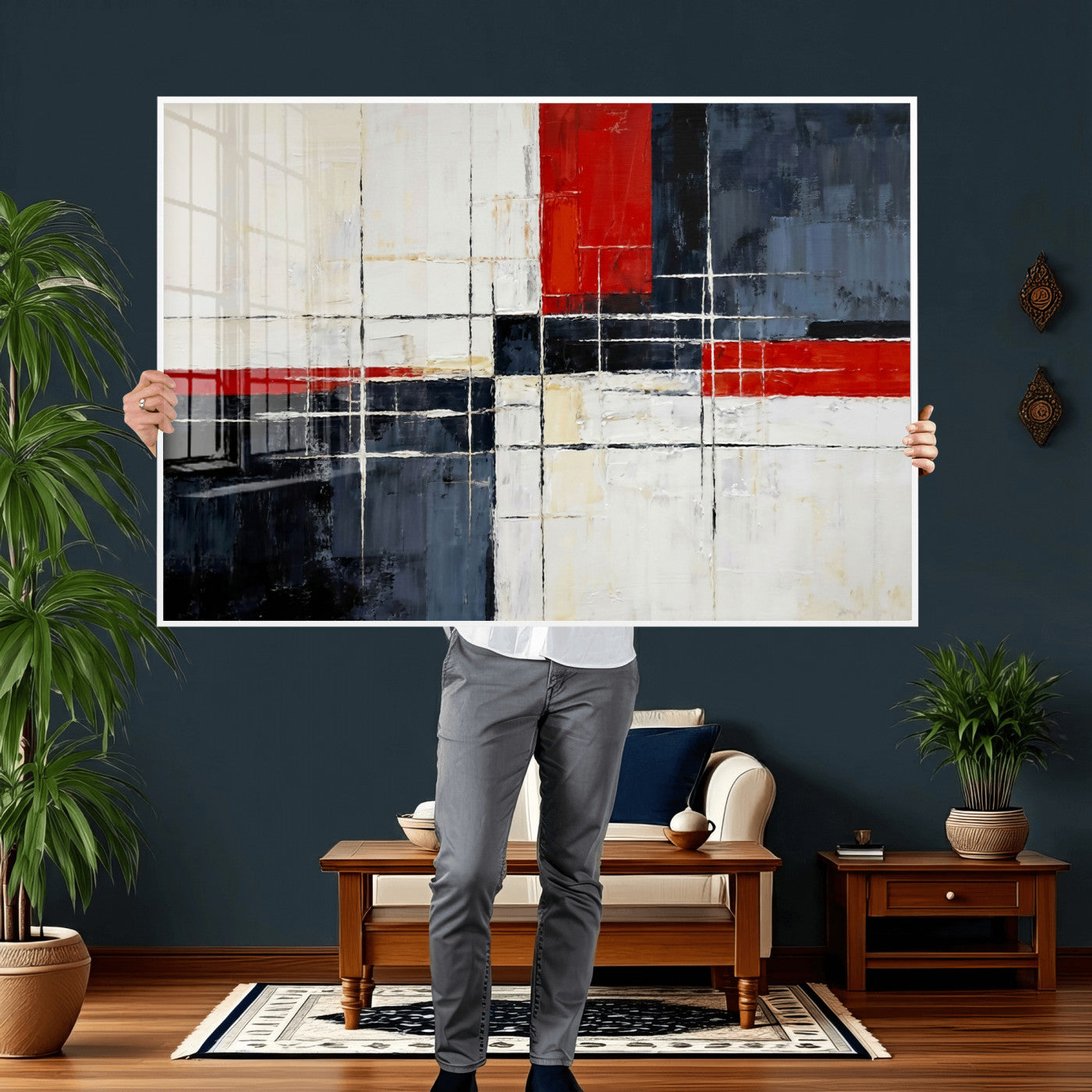 11921181-MGV-CV-36X24 - Navy Red Abstract Wall Art Canvas Print, Modern Luxury Geometric Painting Wall Decor for Living Room and Office