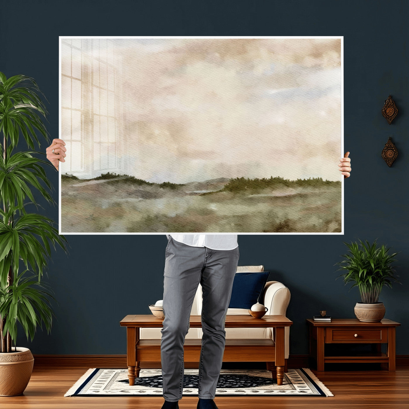 13578069-MGV-CV-36X24 - Abstract Landscape Wall Art Canvas Print, Watercolor Pastoral Landscape Painting Wall Decor for Modern Farmhouse Interiors