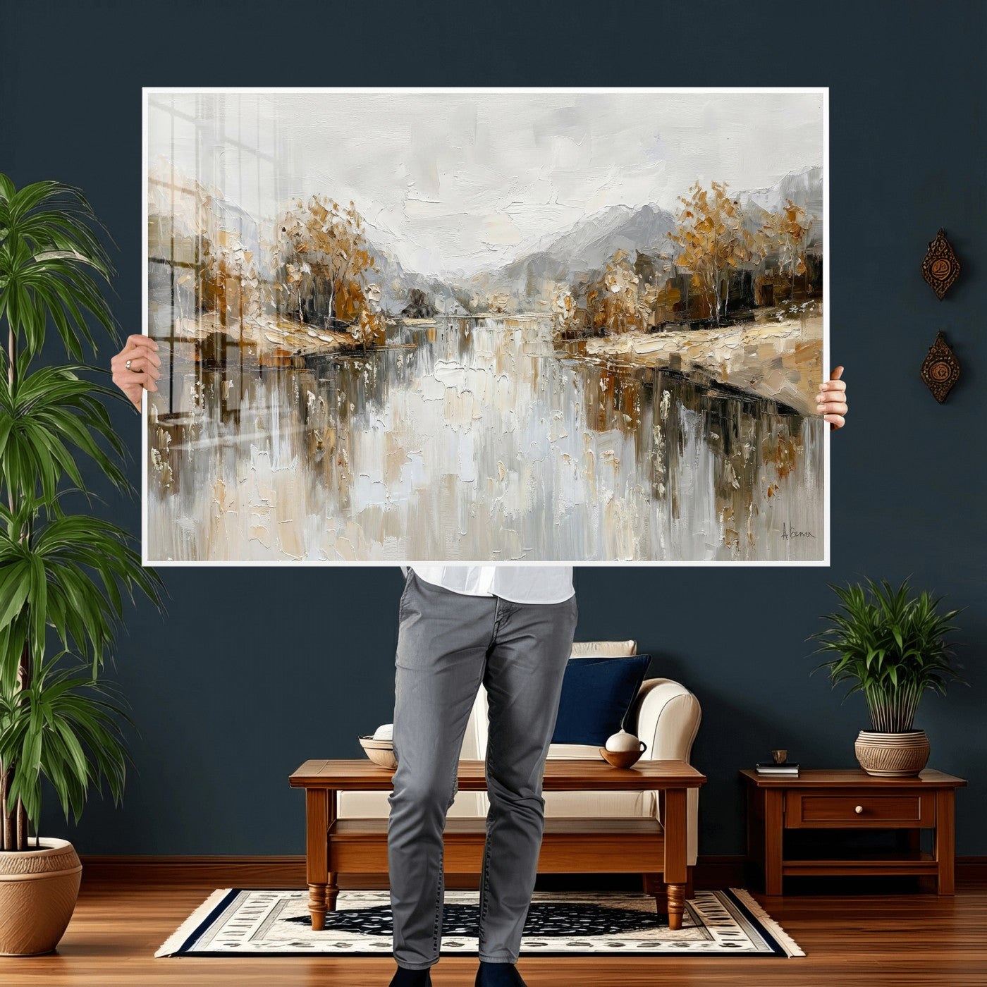 78227690-MGV-CV-36X24 - Neutral Abstract Lake Landscape Wall Art Canvas Print, Modern Minimal River Reflection Canvas Print, Beige Gray Contemporary Nature Art Printing