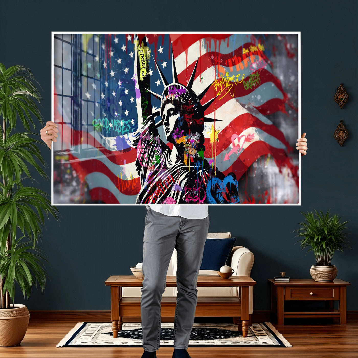 32151941-MGV-CV-36X24 - USA Statue of Liberty Graffiti Street Art Wall Art Canvas Print, American Flag Urban Pop Art Canvas Print, Modern Patriotic Street Art Contemporary Art Printing
