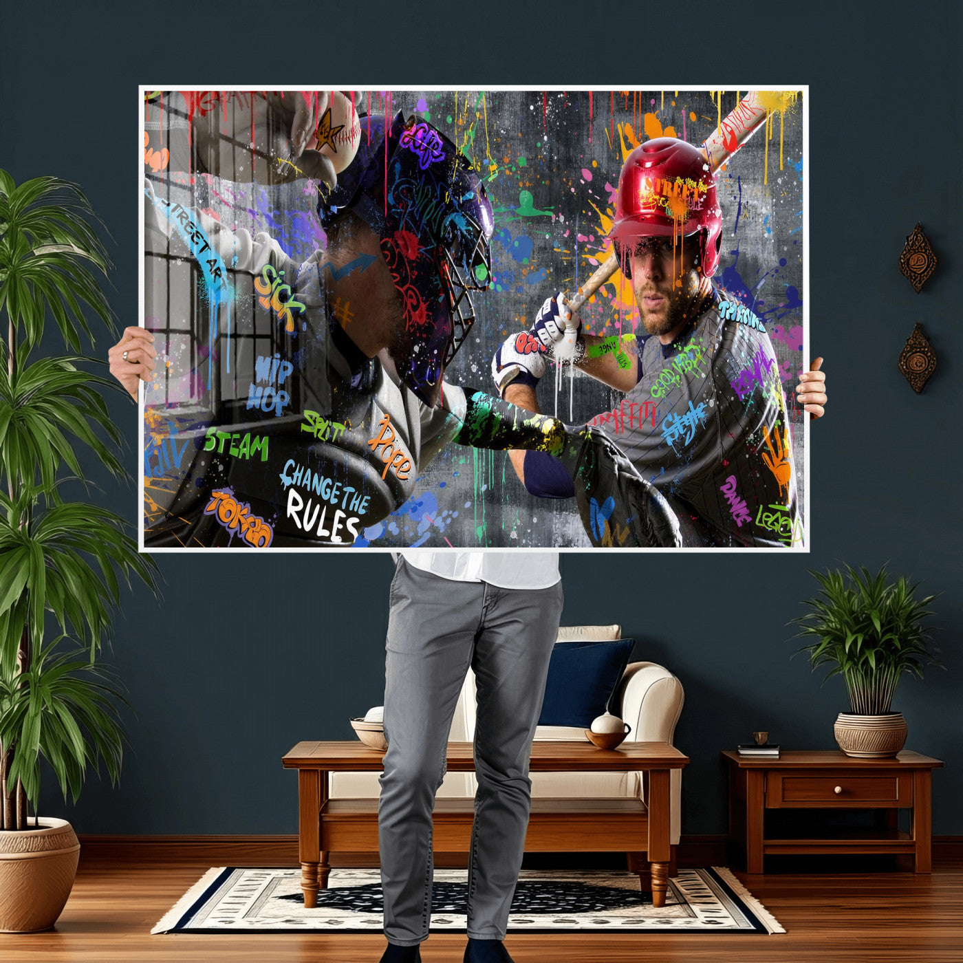 19634994-MGV-CV-36X24 - Graffiti Baseball Player Street Art Wall Art Canvas Print, Urban Sports Pop Art Baseball Canvas Print, Modern Athletic Graffiti Contemporary Art Printing