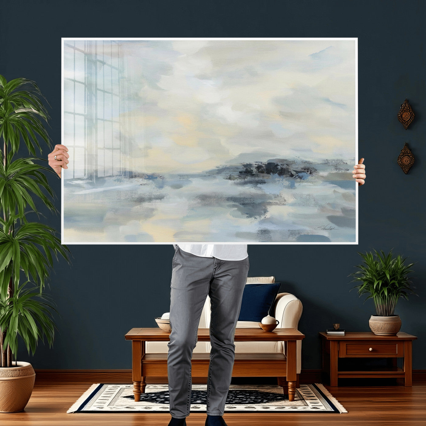 24647355-MGV-CV-36X24 - Abstract Coastal Landscape Wall Art Canvas Print – Soft Blue Gray Minimalist Painting