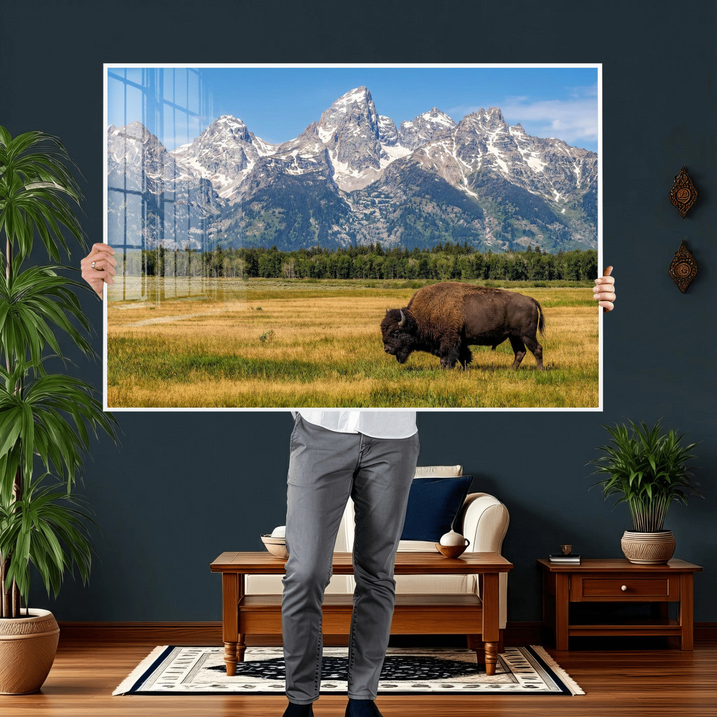 20424529-MGV-CV-36X24 - Bison in Mountain Landscape Wall Art Canvas Print – Western Wildlife Artwork for Rustic Living Room Decor