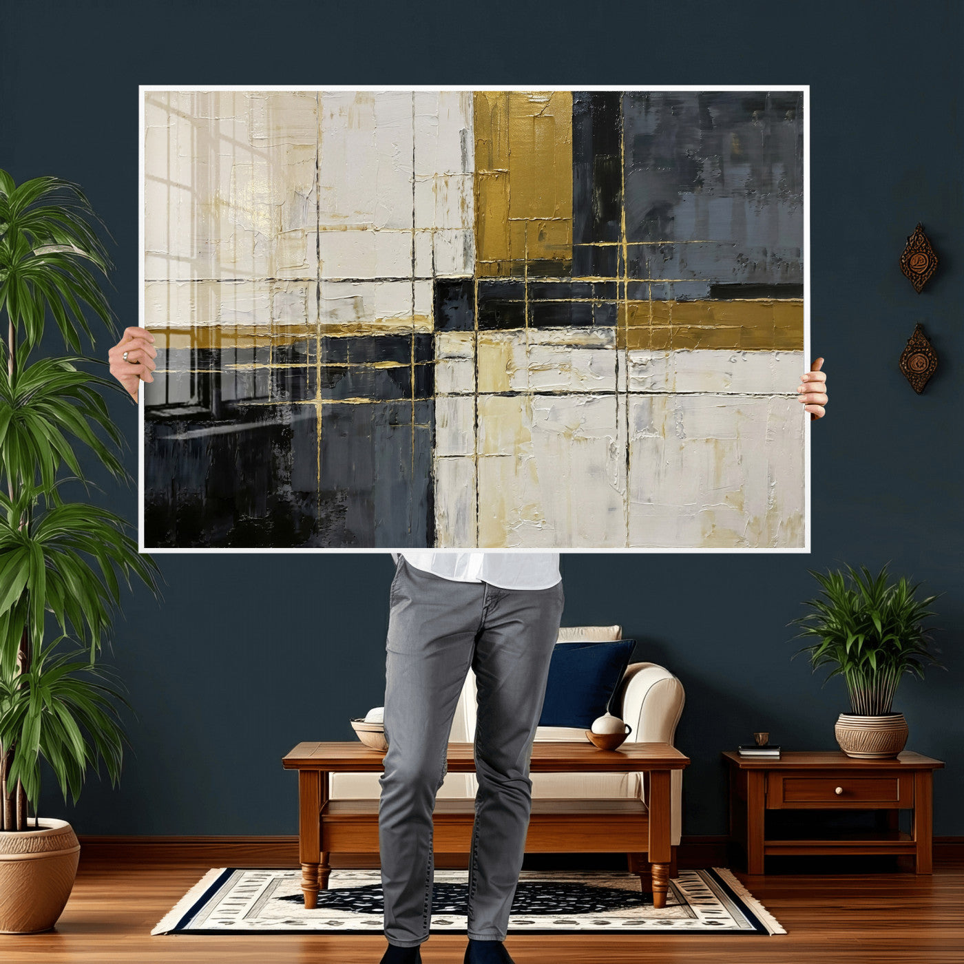 36097945-MGV-CV-36X24 - Abstract Gold and Black Wall Art Canvas Print – Modern Geometric Neutral Artwork for Living Room Decor