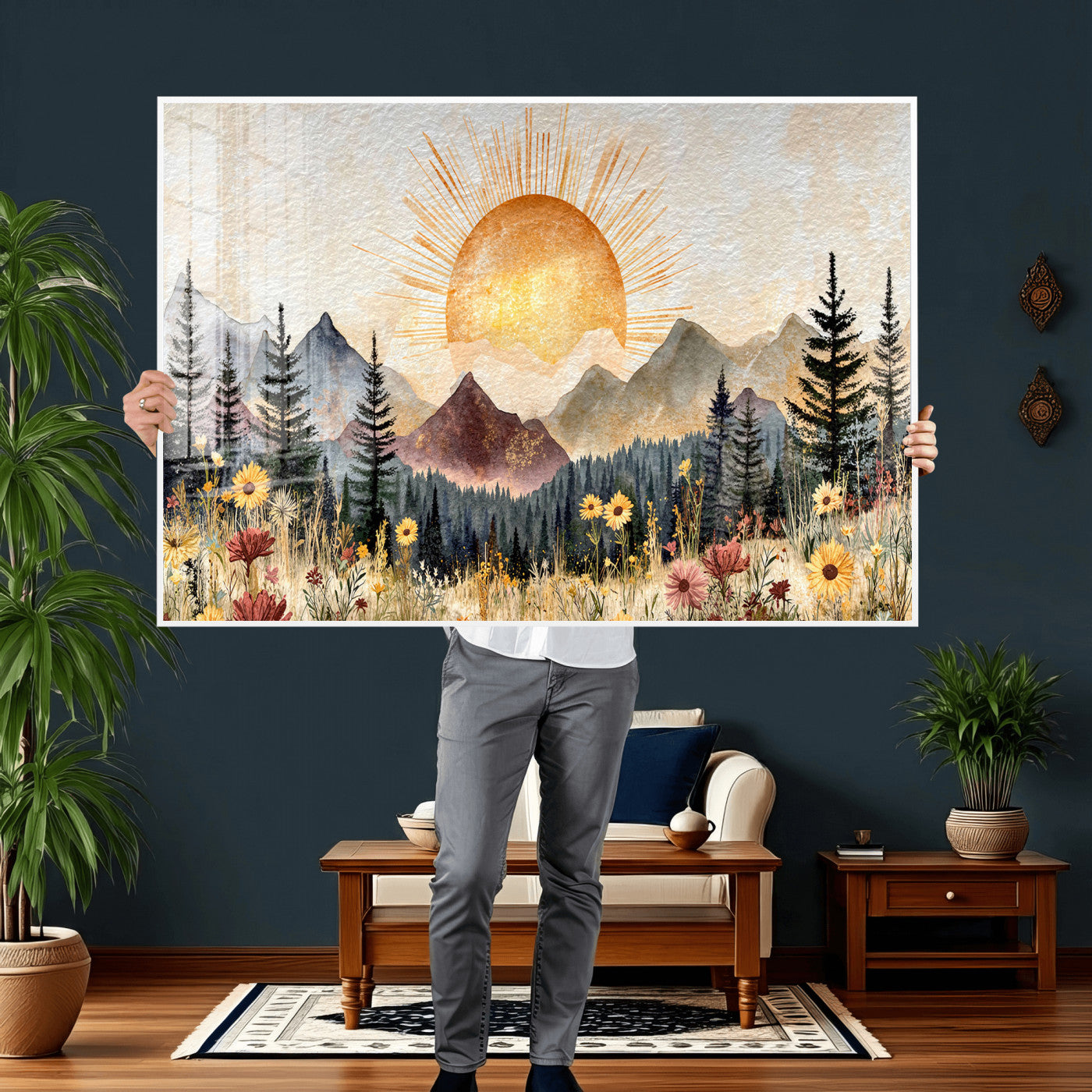 69025244-MGV-CV-36X24 - Boho Mountain Landscape Large Wall Art, Horizontal Gold Framed Canvas Print with Sun and Flowers