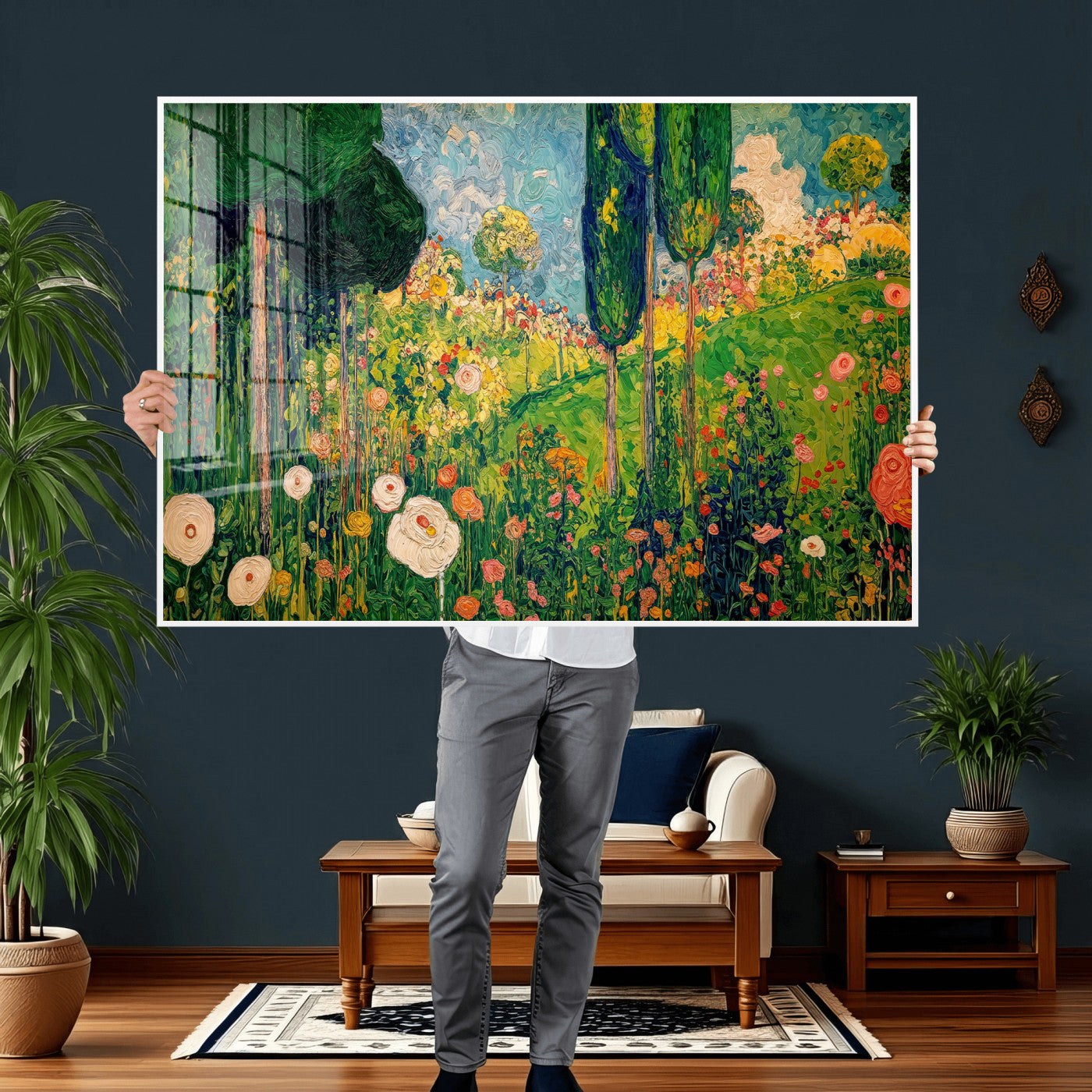 83517974-MGV-CV-36X24 - Gustav Klimt Boho Mountain Landscape Large Wall Art, Horizontal Gold Framed Canvas Print with Sun and Flowers