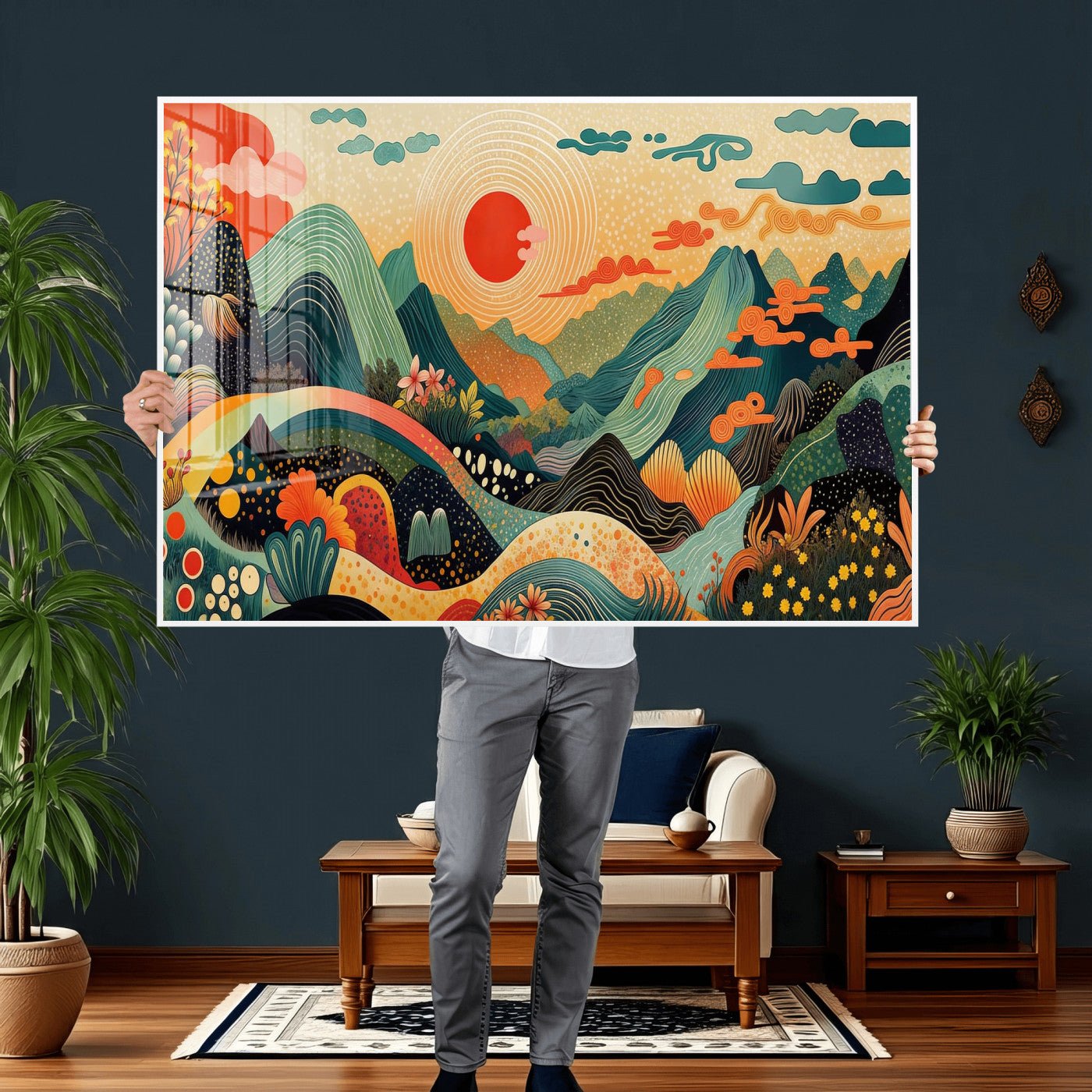 29927191-MGV-CV-36X24 - Yayoi Kusama Boho Mountain Landscape Large Wall Art, Horizontal Gold Framed Canvas Print with Sun and Flowers