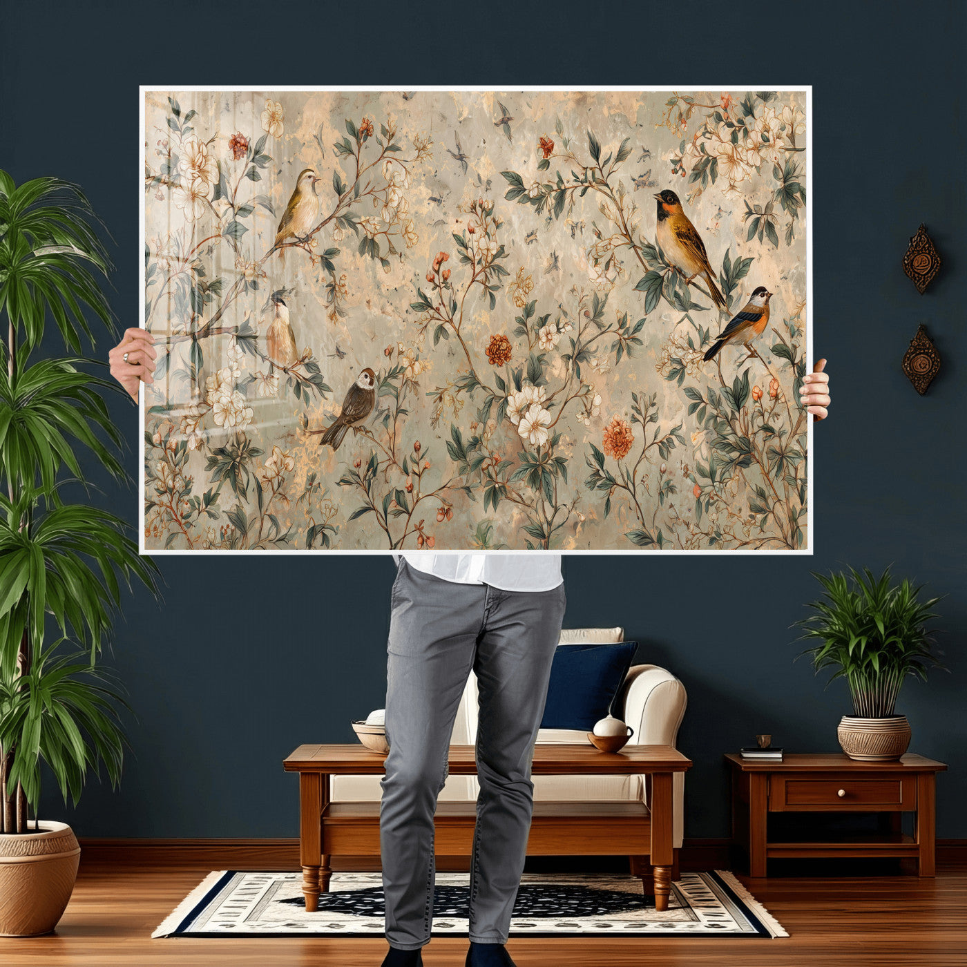 76588438-MGV-CV-36X24 - Vintage Birds and Flowers Wall Art Canvas Print, Botanical Bird Painting Canvas Print, Floral Garden Bird Artwork Canvas Print, Classic Bird Flower Painting Canvas Print