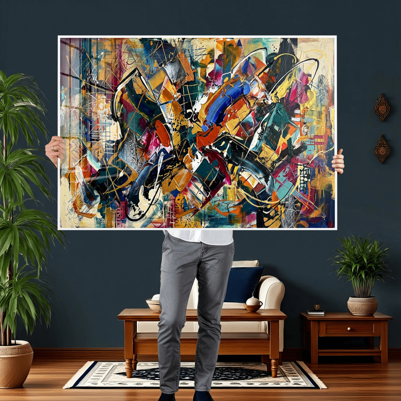 15525527-MGV-CV-36X24 - Geometric Abstract Wall Art Canvas Print, Orange Blue Abstract Expressionist Painting Print, Modern Geometric Abstract Canvas Art