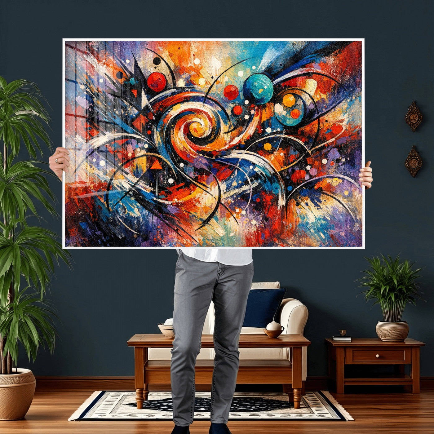 60193267-MGV-CV-36X24 - Geometric Abstract Wall Art Canvas Print, Orange Blue Abstract Expressionist Painting Print, Modern Geometric Abstract Canvas Art