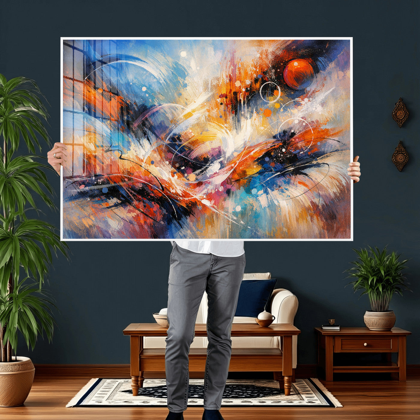 47770355-MGV-CV-36X24 - Geometric Abstract Wall Art Canvas Print, Orange Blue Abstract Expressionist Painting Print, Modern Geometric Abstract Canvas Art