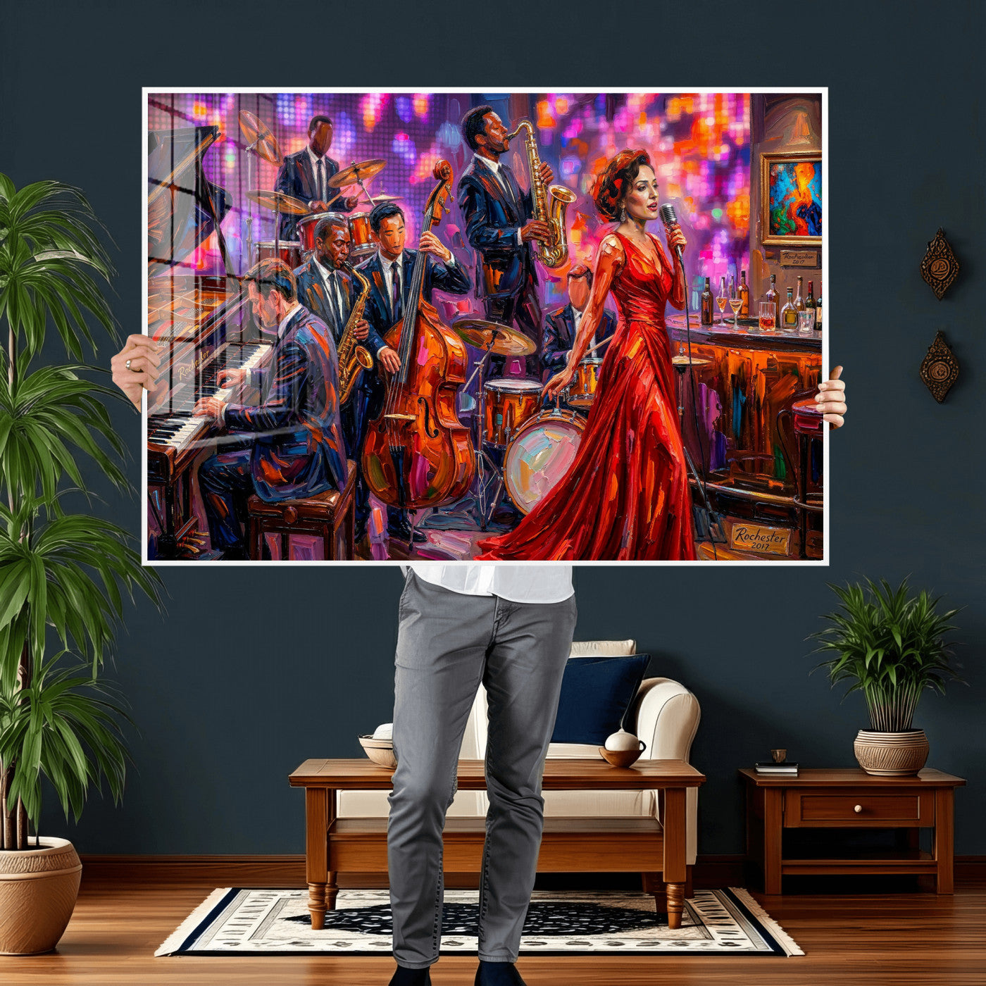 620930J20-MGV-CV-36X24 - Jazz Band Canvas Wall Art — Jazz Club Singer Saxophone Print | Music Wall Decor | Bar Restaurant Art | Music Lover Gift | Jazz Home Decor
