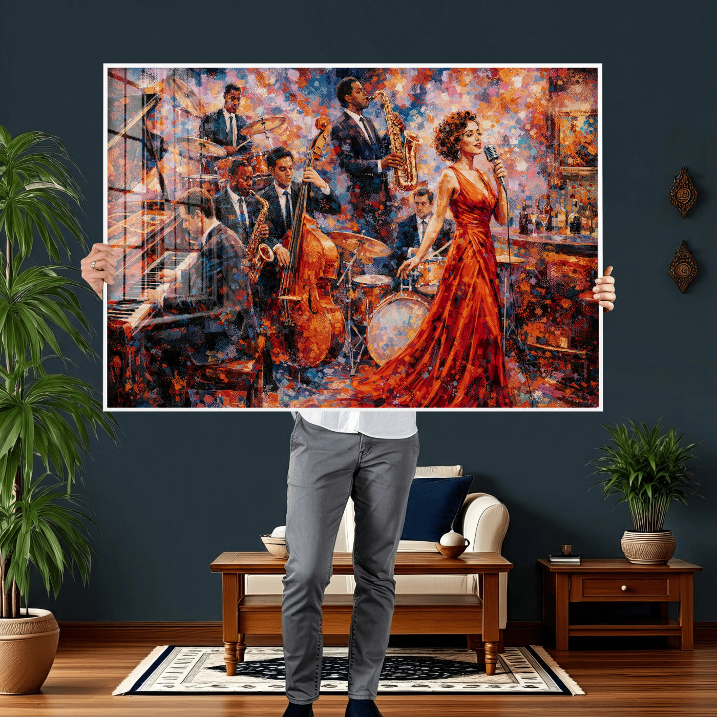 620930SF20-MGV-CV-36X24 - Jazz Band Canvas Wall Art — Jazz Club Singer Saxophone Print | Music Wall Decor | Bar Restaurant Art | Music Lover Gift | Jazz Home Decor