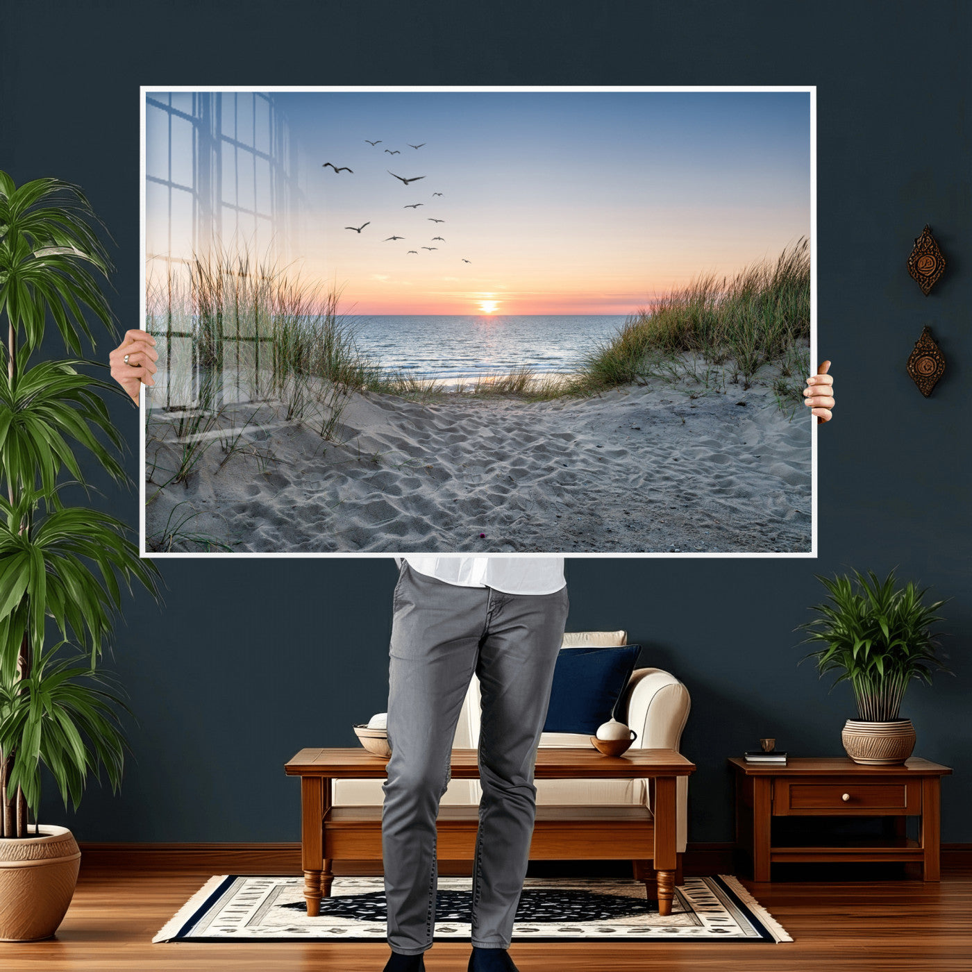 12172032-MGV-CV-36X24 - Sandy Dune Path Sunset Canvas Wall Art — Seagulls Beach Ocean Photography Print | Coastal Home Decor | Nautical Wall Art | Beach House Gift