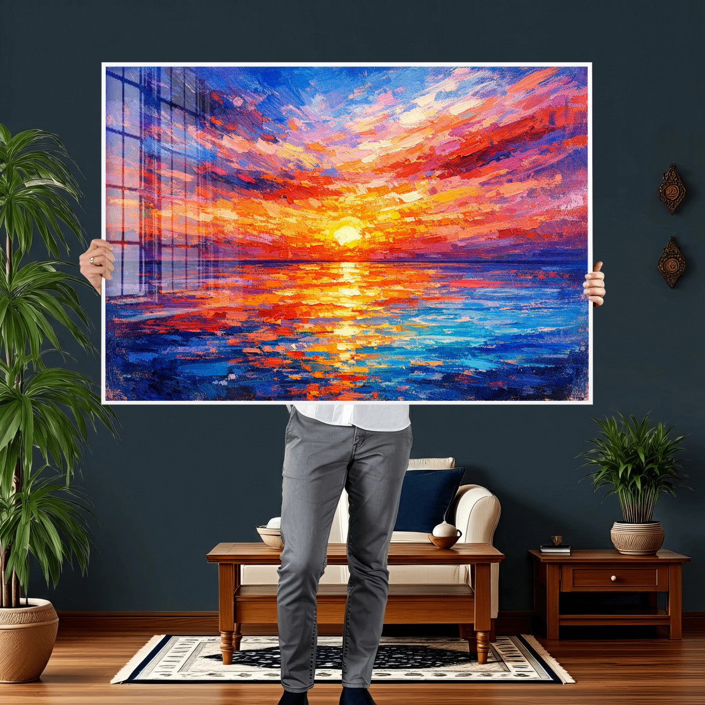 54915078-MGV-CV-36X24 - Colorful Knife Ocean Sunset Canvas — Orange Pink Teal Expressionist Sea Print | Colorful Coastal Wall Art | Vibrant Beach Decor Gift