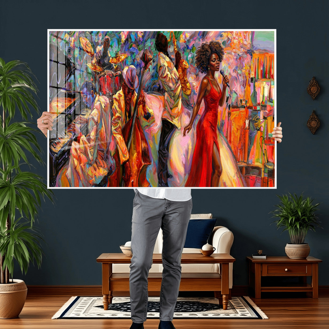 72615137-MGV-CV-36X24 - African American Jazz Singer Canvas Art - Red Dress Black Woman Music Print | Colorful Jazz Band Wall Decor | Living Room Gift for Her