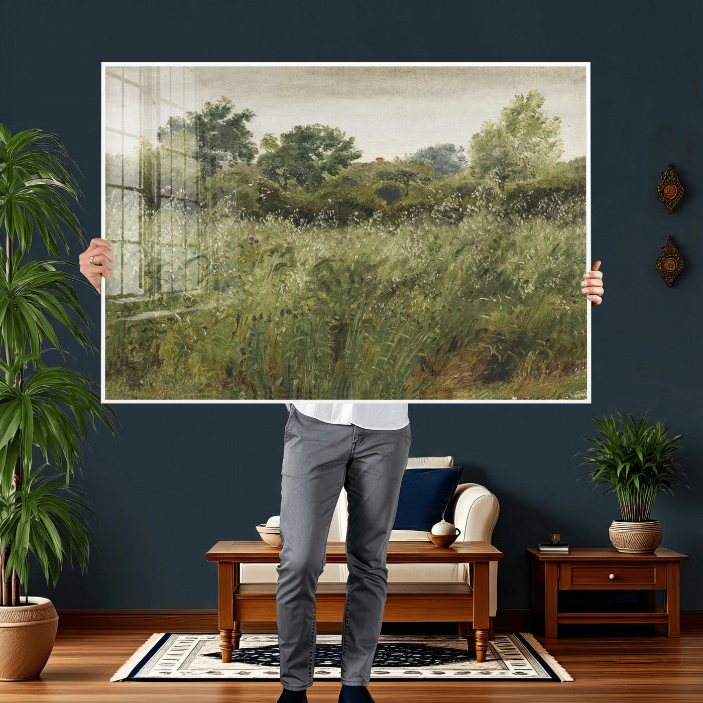92328261-MGV-CV-36X24 - Wildflower Meadow Canvas Wall Art, Impressionist Overgrown Field Painting Print, Vintage Green Nature Decor, Cottagecore Botanical Art, Living Room Print