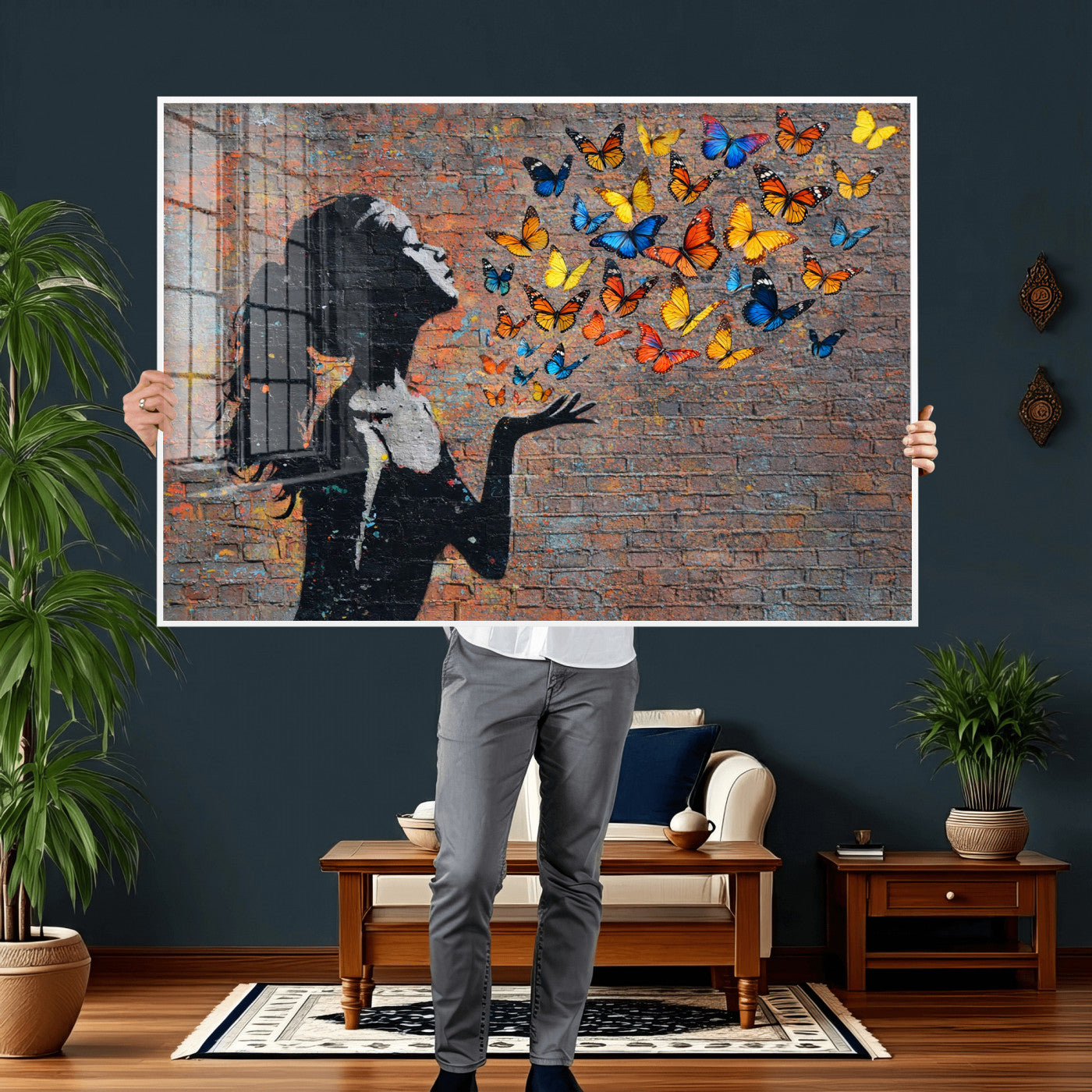 10555939-MGV-CV-36X24 - Urban Banksy Butterfly Girl Wall Art Canvas Print, Framed Street Art Canvas Print, Graffiti Silhouette Butterfly Wall Art for Living Room Bedroom Office