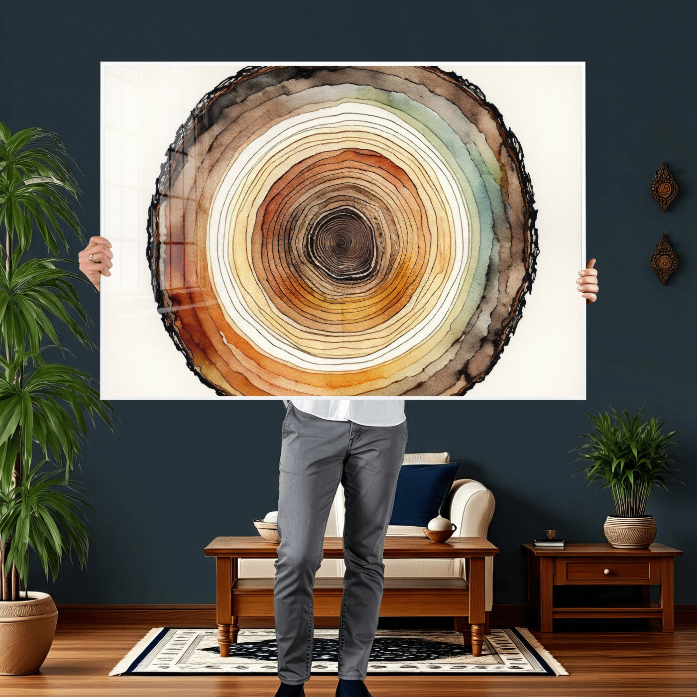 13719680-MGV-CV-36X24 - Natural Wood Slice Wall Art Canvas Print, Tree Ring Wall Art, Framed Abstract Nature Wall Decor, Earth Tone Statement Canvas Print