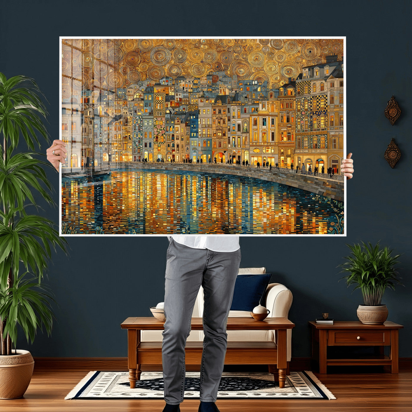 94022787-MGV-CV-36X24 - Gustav Klimt Golden Cityscape Wall Art Canvas Print, Framed River Town Landscape Artwork, Ornate Architecture Wall Decor for Living Room Bedroom Office