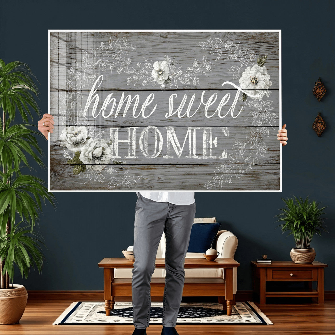 42160089-MGV-CV-36X24 - Home Sweet Home Sign Wall Art Canvas Print, Floral Farmhouse Sign, Rustic Neutral Entryway Bedroom Living Room Decor