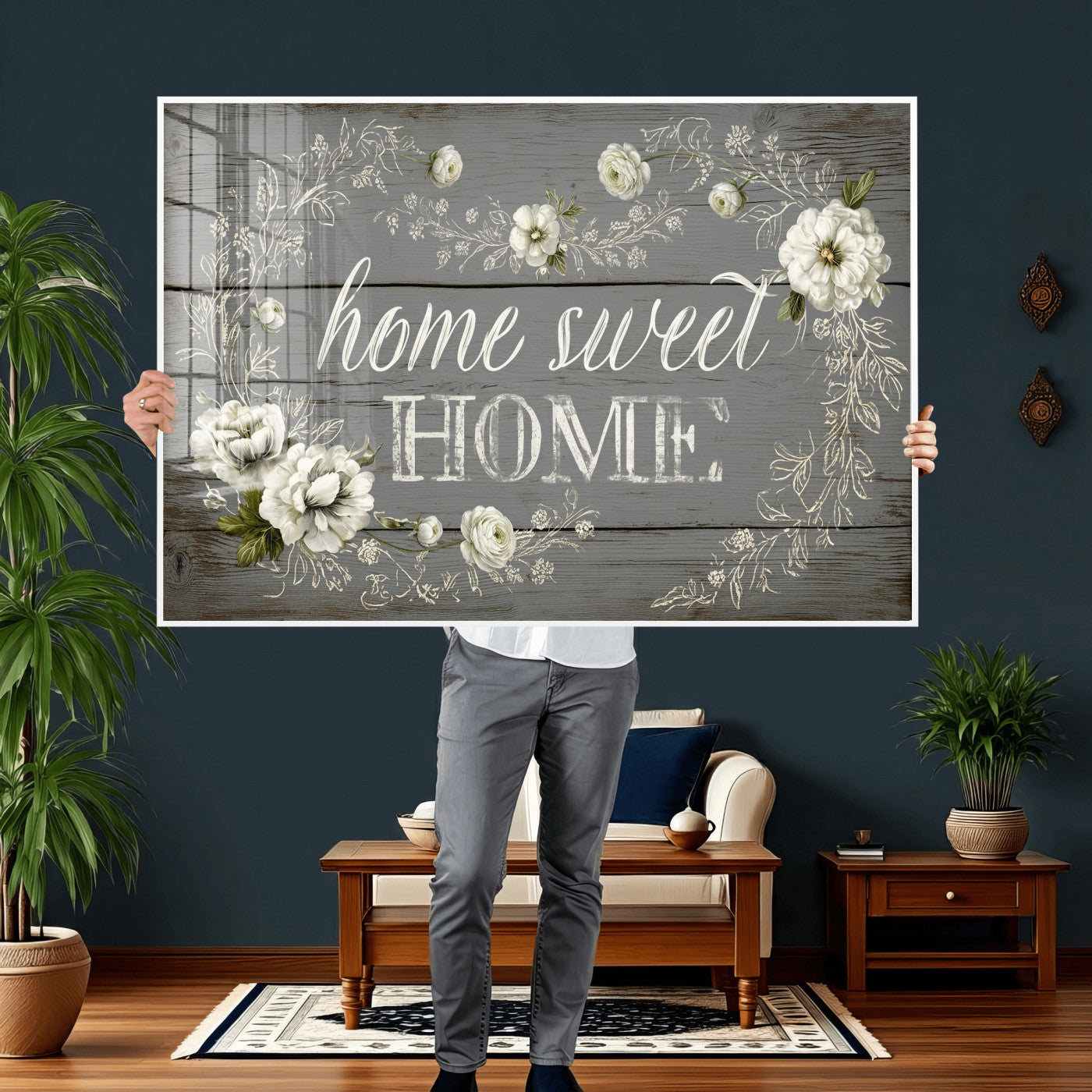 32056075-MGV-CV-36X24 - Home Sweet Home Wall Art Canvas Print, Floral Farmhouse Sign, Rustic Neutral Entryway Bedroom Living Room Decor