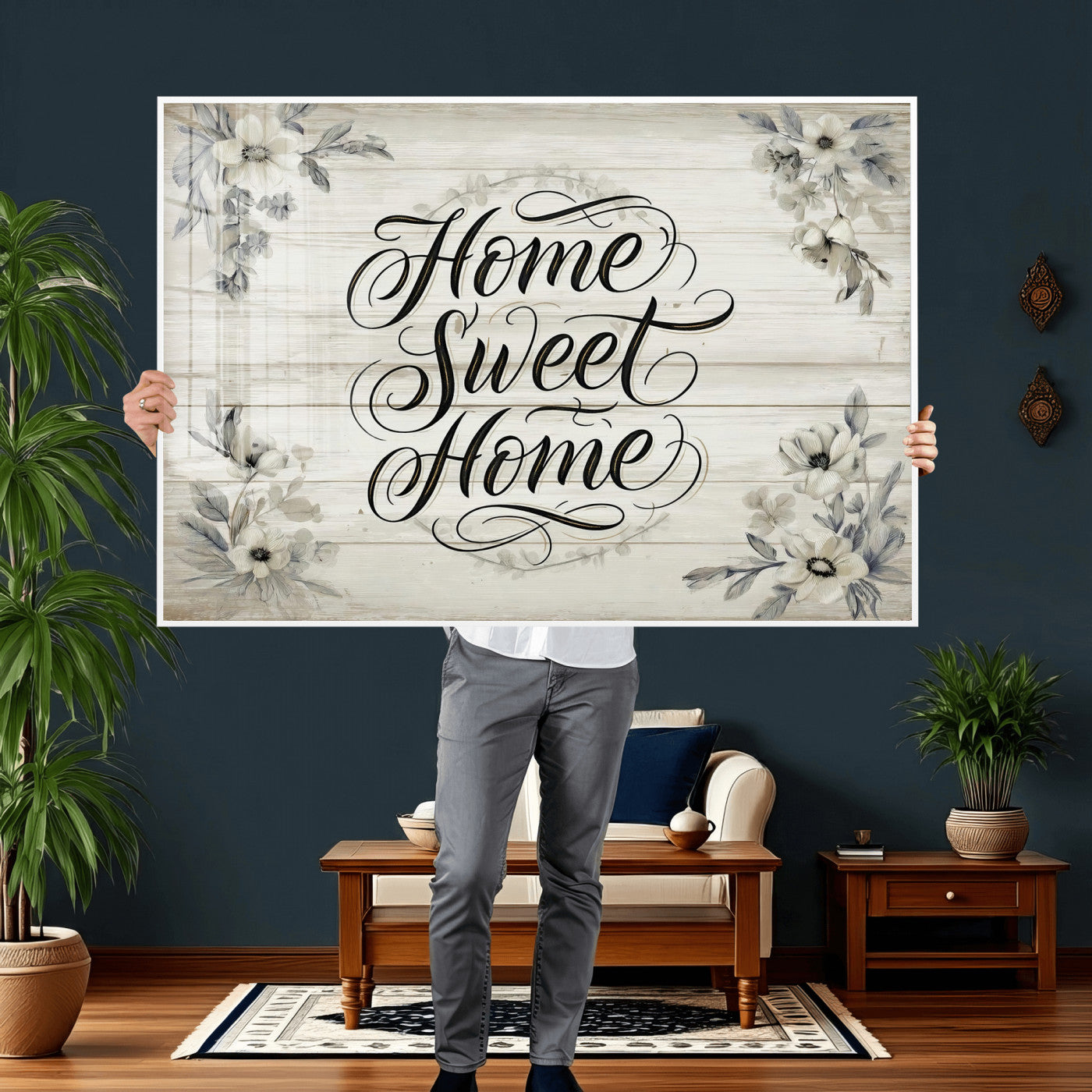 11120405-MGV-CV-36X24 - Home Sweet Home Wall Art Canvas Print, Floral Farmhouse Sign, Rustic Neutral Entryway Bedroom Living Room Decor