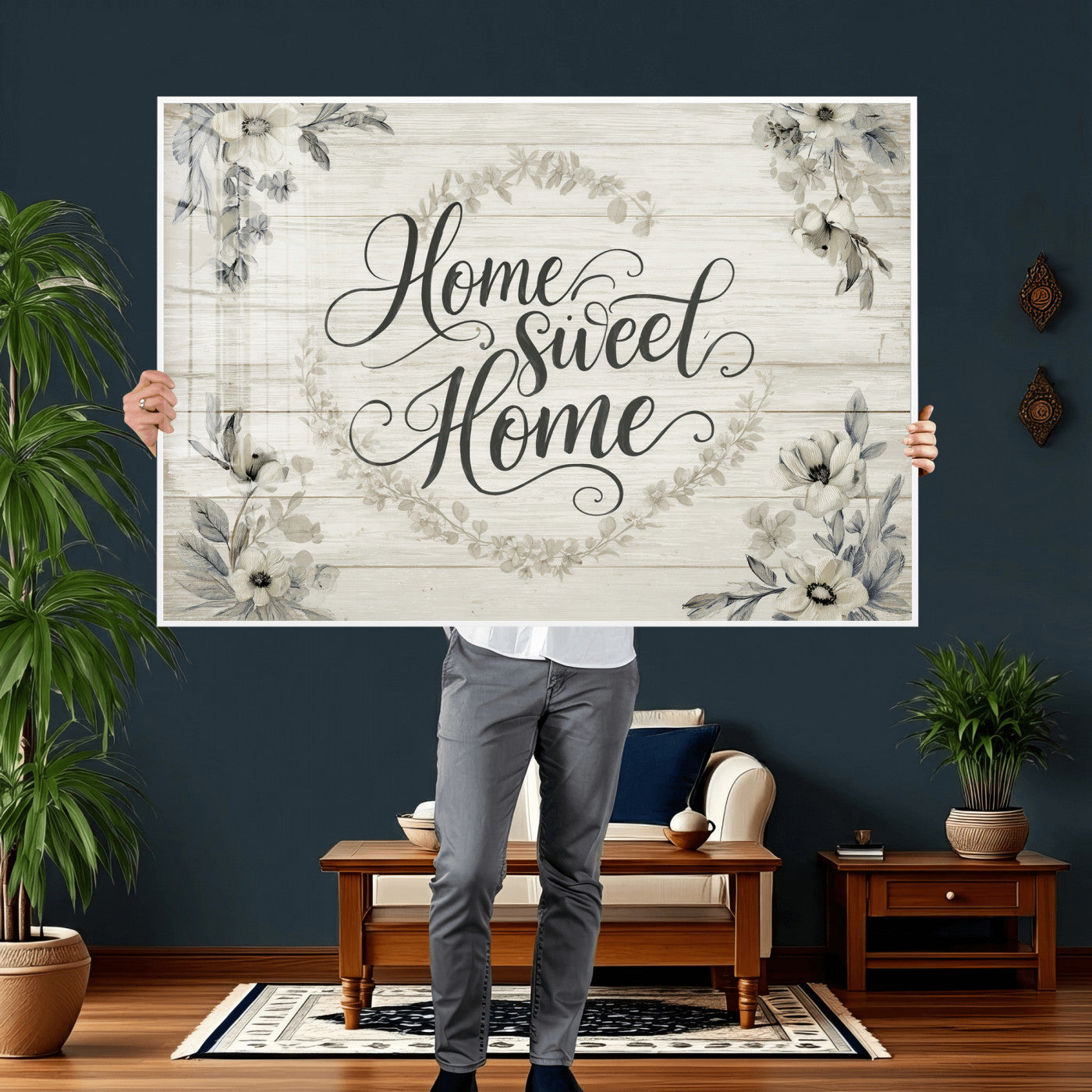 81157008-MGV-CV-36X24 - Home Sweet Home Wall Art Canvas Print, Floral Farmhouse Sign, Rustic Neutral Entryway Bedroom Living Room Decor