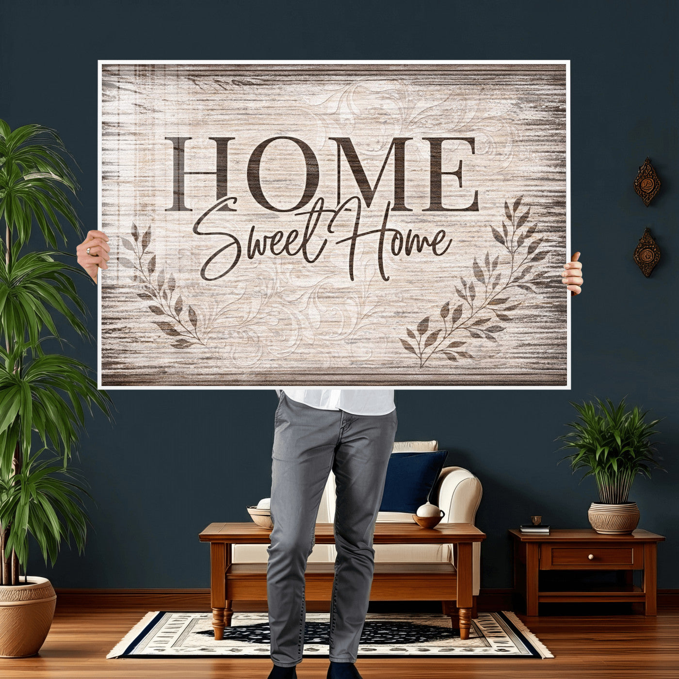 81157008S-MGV-CV-36X24 - Home Sweet Home Wall Art Canvas Print, Floral Farmhouse Sign, Rustic Neutral Entryway Bedroom Living Room Decor