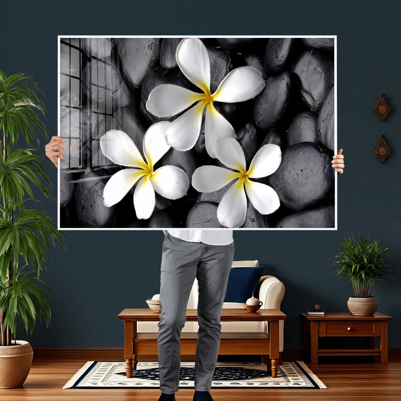 43639613-MGV-CV-36X24 - Plumeria Frangipani Black Stone Canvas | White Flower Spa Photography Print | Tropical Zen Wall Art | Grey Pebble Floral Decor