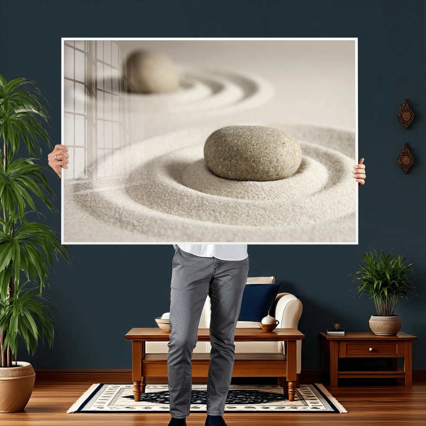 13397966-MGV-CV-36X24 - Zen Garden Stone Sand Canvas | Japanese Rock Garden Wall Art | Minimalist Meditation Print | Neutral Beige Mindfulness Decor