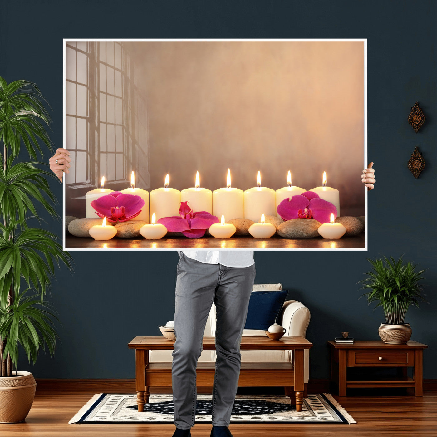 59470569-MGV-CV-36X24 - Spa Candles Orchid Canvas Print | Zen Wellness Relaxation Wall Art | Pink Flower Candlelight Bathroom Decor | Calm Beige Photography