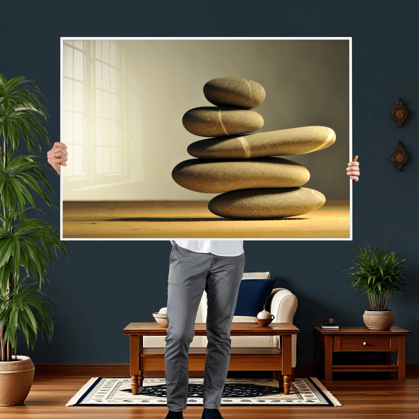 85424263-MGV-CV-36X24 - Zen Stone Wall Art Canvas Print, Balanced Rock Stack Framed Spa Artwork, Minimalist Meditation Decor for Living Room Bedroom Office Bathroom