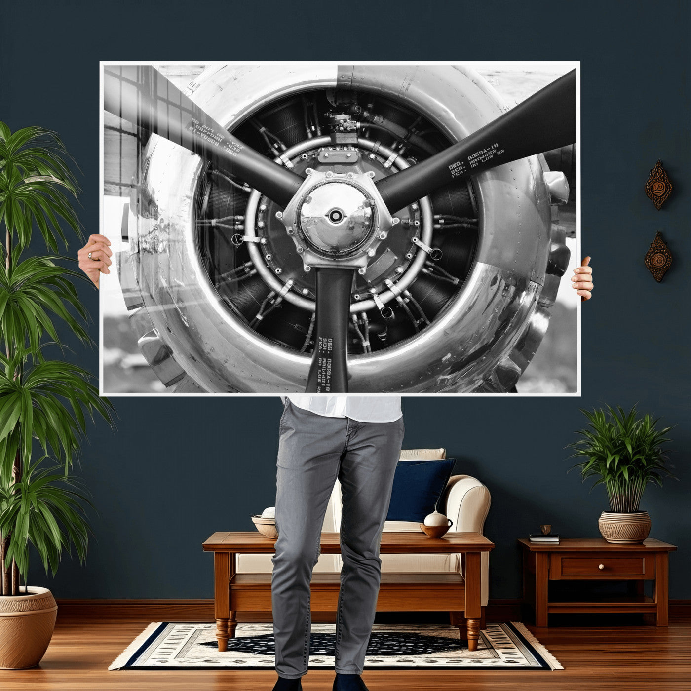 73322230-MGV-CV-36X24 - Vintage Propeller Plane Wall Art Canvas Print, Black and White Airplane Engine Close Up Framed Aviation Artwork for Pilot Office Hangar Decor