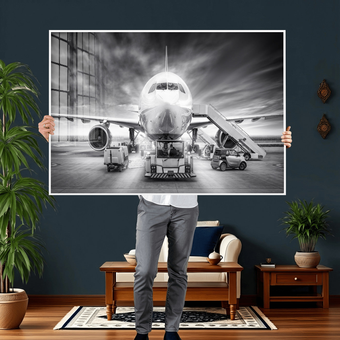 85885848-MGV-CV-36X24 - Airplane Wall Art Canvas Print, Black and White Jet Aircraft Airport Runway Framed Aviation Artwork for Pilot Office Hangar Travel Decor