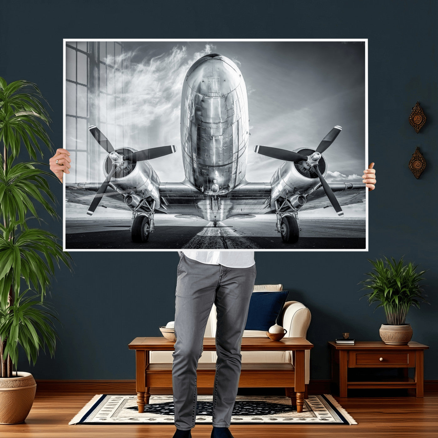 59729636-MGV-CV-36X24 - Vintage Propeller Plane Wall Art Canvas Print, Black and White Airplane Engine Close Up Framed Aviation Artwork for Pilot Office Hangar Decor
