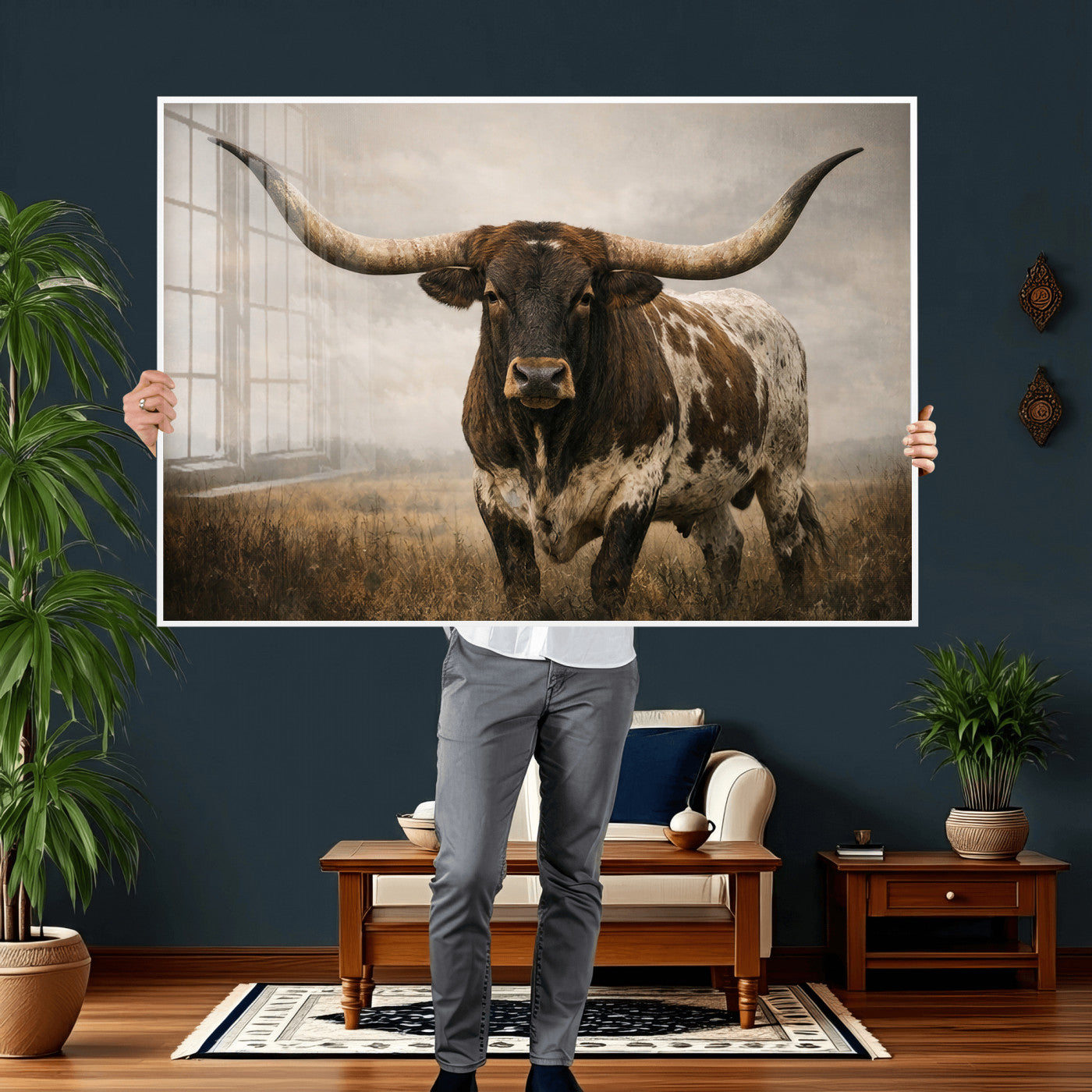 17622011L-MGV-CV-36X24 - Longhorn Bull Wall Art Canvas Print, Western Farmhouse Cowboy Decor, Rustic Texas Ranch Cattle Artwork for Living Room Bedroom Office, Framed Wall Decor