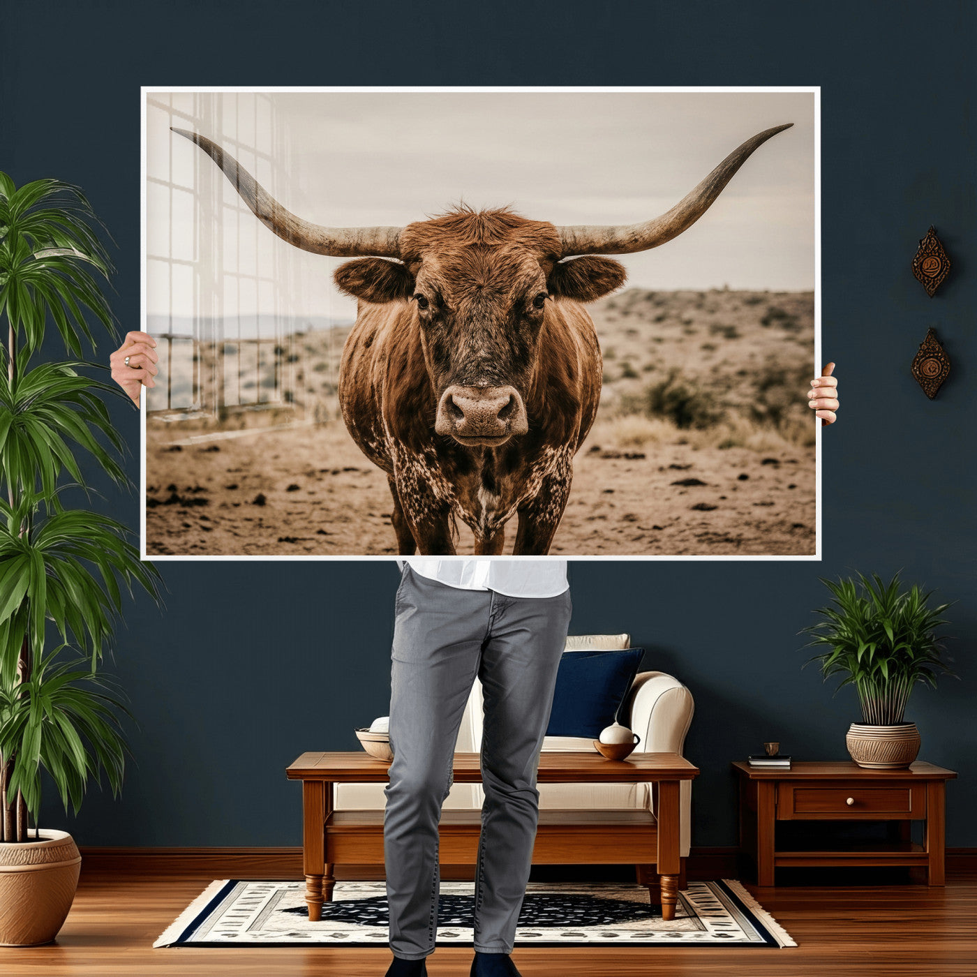 17622011K-MGV-CV-36X24 - Texas Longhorn Bull Wall Art Canvas Print, Western Farmhouse Cowboy Decor, Rustic Texas Ranch Cattle Artwork for Living Room Bedroom Office, Framed Wall Decor
