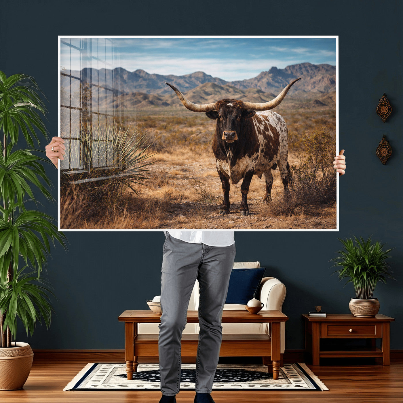 17622011S-MGV-CV-36X24 - Texas Longhorn Bull Wall Art Canvas Print, Western Farmhouse Cowboy Decor, Rustic Texas Ranch Cattle Artwork for Living Room Bedroom Office, Framed Wall Decor