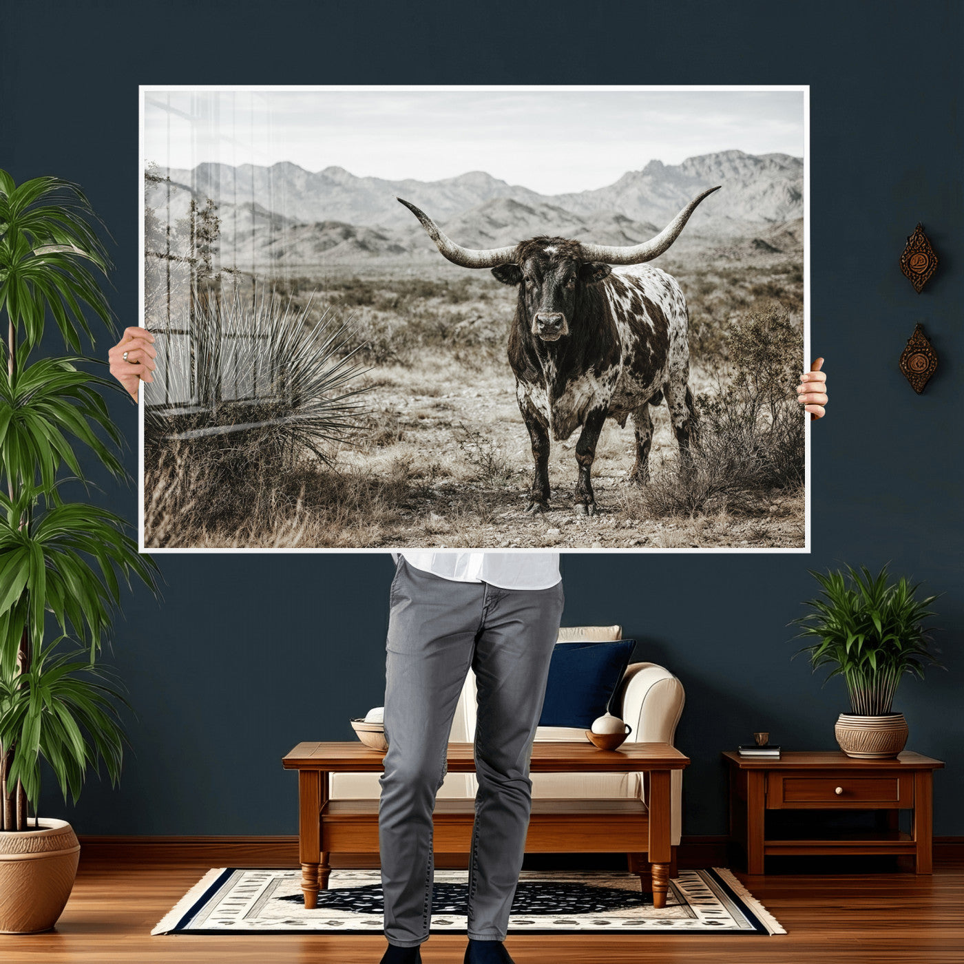 17622011H-MGV-CV-36X24 - Texas Longhorn Bull Wall Art Canvas Print, Western Farmhouse Cowboy Decor, Rustic Texas Ranch Cattle Artwork for Living Room Bedroom Office, Framed Wall Decor
