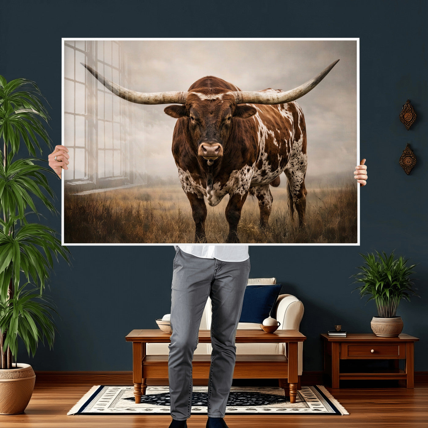 25239047-MGV-CV-36X24 - Texas Longhorn Canvas Wall Art Western Bull Desert Moody Grey Overcast Rustic Farmhouse Framed Large for Living Room Bedroom Office Decor