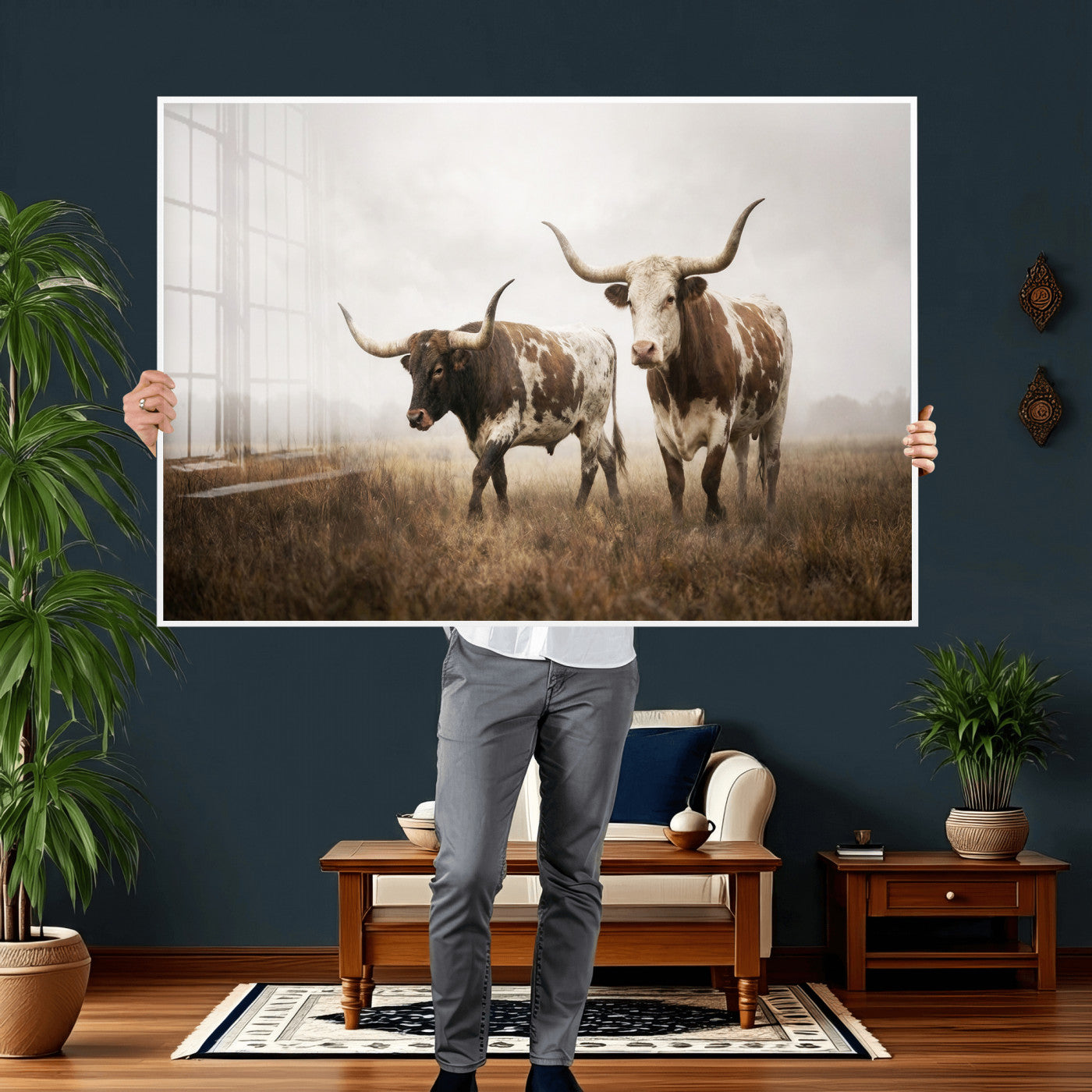 92881702-MGV-CV-36X24 - Texas Longhorn Canvas Wall Art Western Bull Desert Moody Grey Overcast Rustic Farmhouse Framed Large for Living Room Bedroom Office Decor