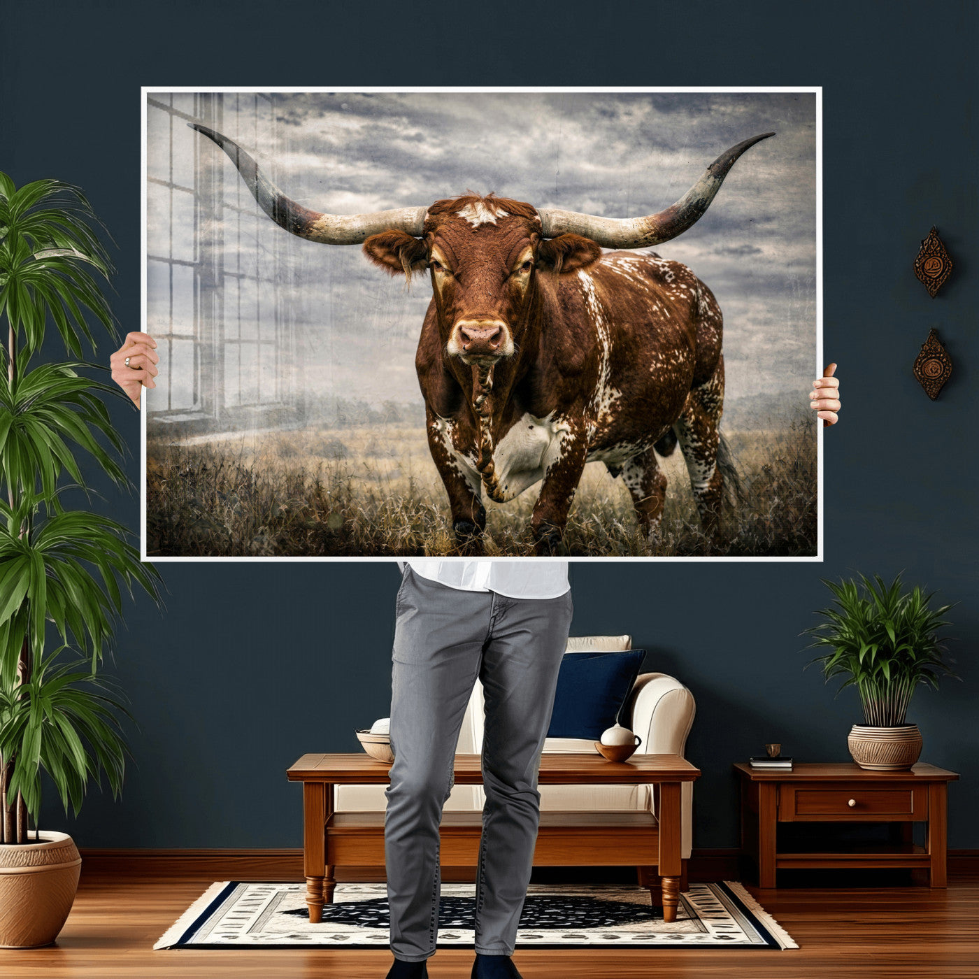 14372769-MGV-CV-36X24 - Texas Longhorn Canvas Wall Art Western Bull Desert Moody Grey Overcast Rustic Farmhouse Framed Large for Living Room Bedroom Office Decor
