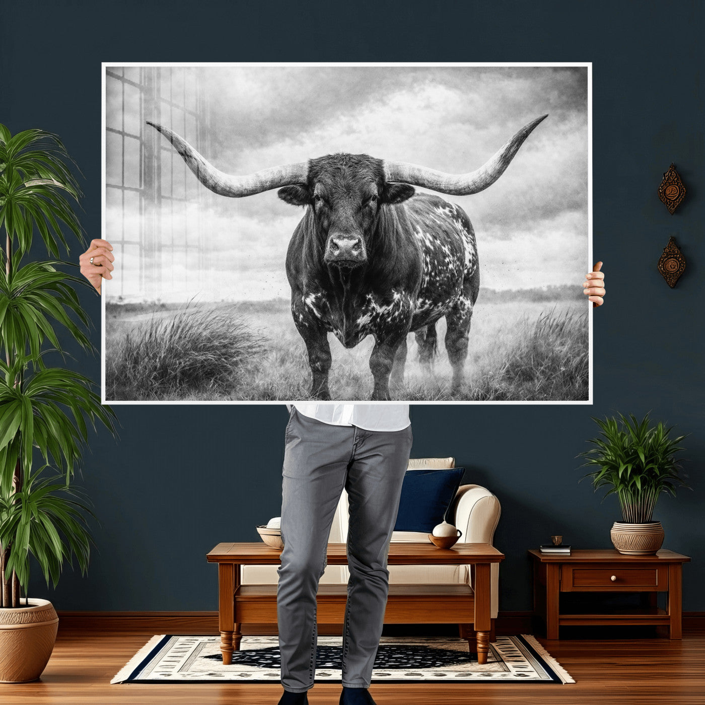 19951238-MGV-CV-36X24 - Texas Longhorn Canvas Wall Art Western Bull Desert Moody Grey Overcast Rustic Farmhouse Framed Large for Living Room Bedroom Office Decor
